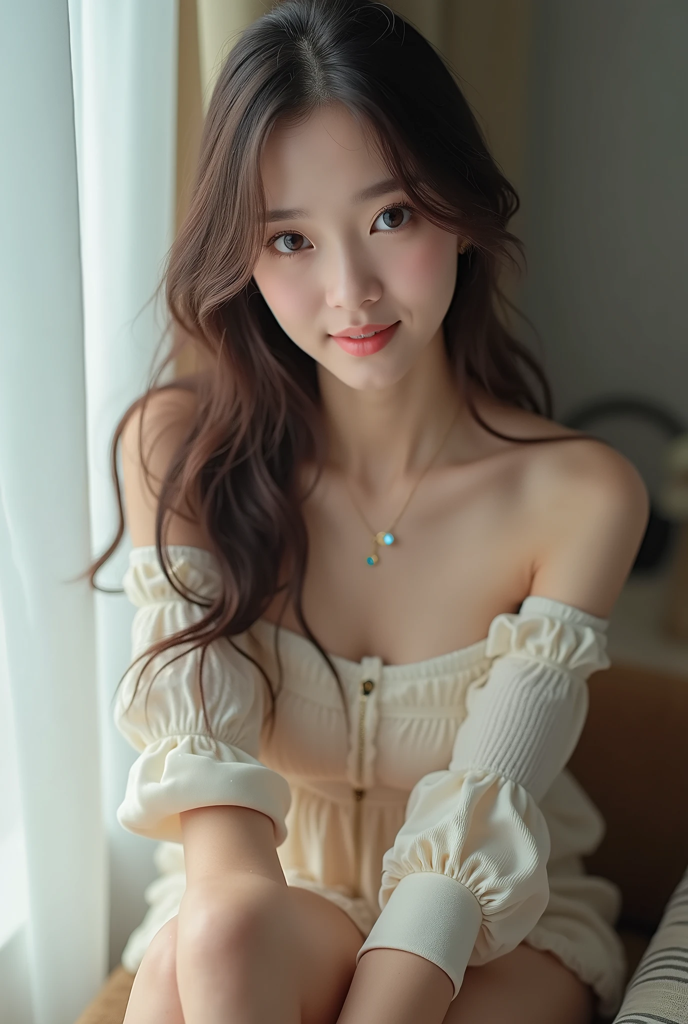 (((One person,One personで))),(Highly realistic photos, High resolution, Detailed face, Beautiful Eyes) Korean Idol, 18-year-old, Cute Face, Nice body, Take a photo book,Healthy Body,Thighs、turn over、Written boundary depth,、Narrow eyes,A light smile、Good Hancock Cosplay、