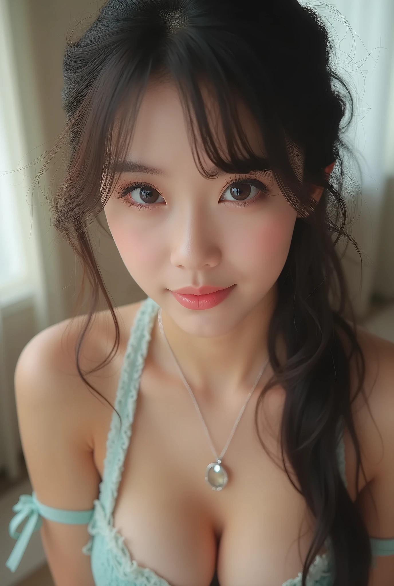 (((One person,One personで))),(Highly realistic photos, High resolution, Detailed face, Beautiful Eyes) Korean Idol, 18-year-old, Cute Face, Nice body, Take a photo book,Healthy Body,Thighs、turn over、Written boundary depth,、Narrow eyes,A light smile、Good Hancock Cosplay、