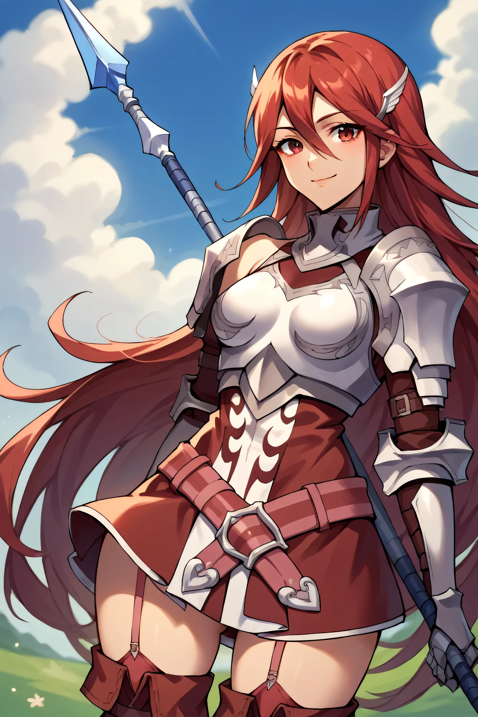 score_9, score_8_up, score_7_up, score_6_up, source_anime BREAK 1girl, solo, defCordelia, red hair, red eyes, wing hair ornament, red dress, short dress, armored dress, belt, gauntlets, garter straps, thigh boots, upper body, looking at you, smile, blue sky, clouds, holding polearm, holding weapon, spear