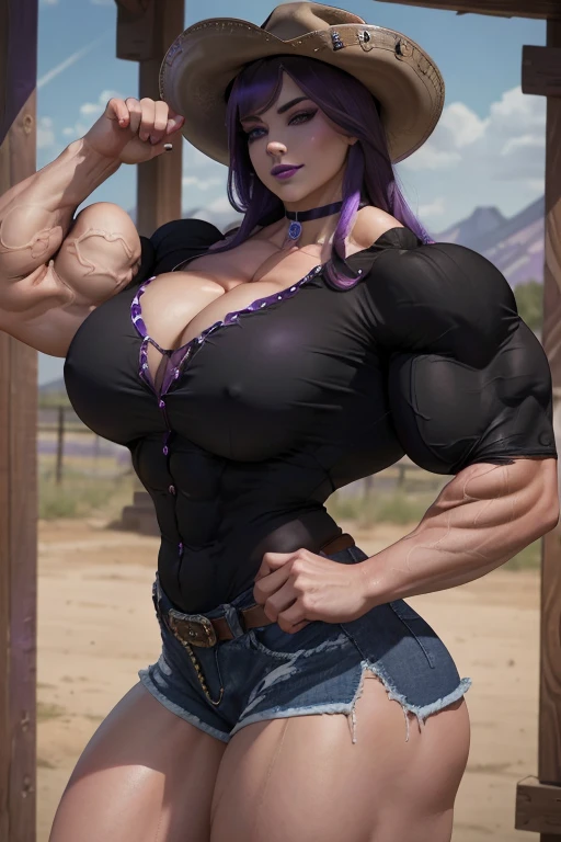 ((Close-up)), tall, (violet purple hair) beautiful muscular woman, long hair with long bangs, pale white skinned, closed smile, large breast, (black lipstick), (massive muscles), (hyper muscle), (ginormous bulky muscles), black eyes, (((violet cowgirl shirt))), ((denim shorts)), choker, boots, in the wild Wild West,