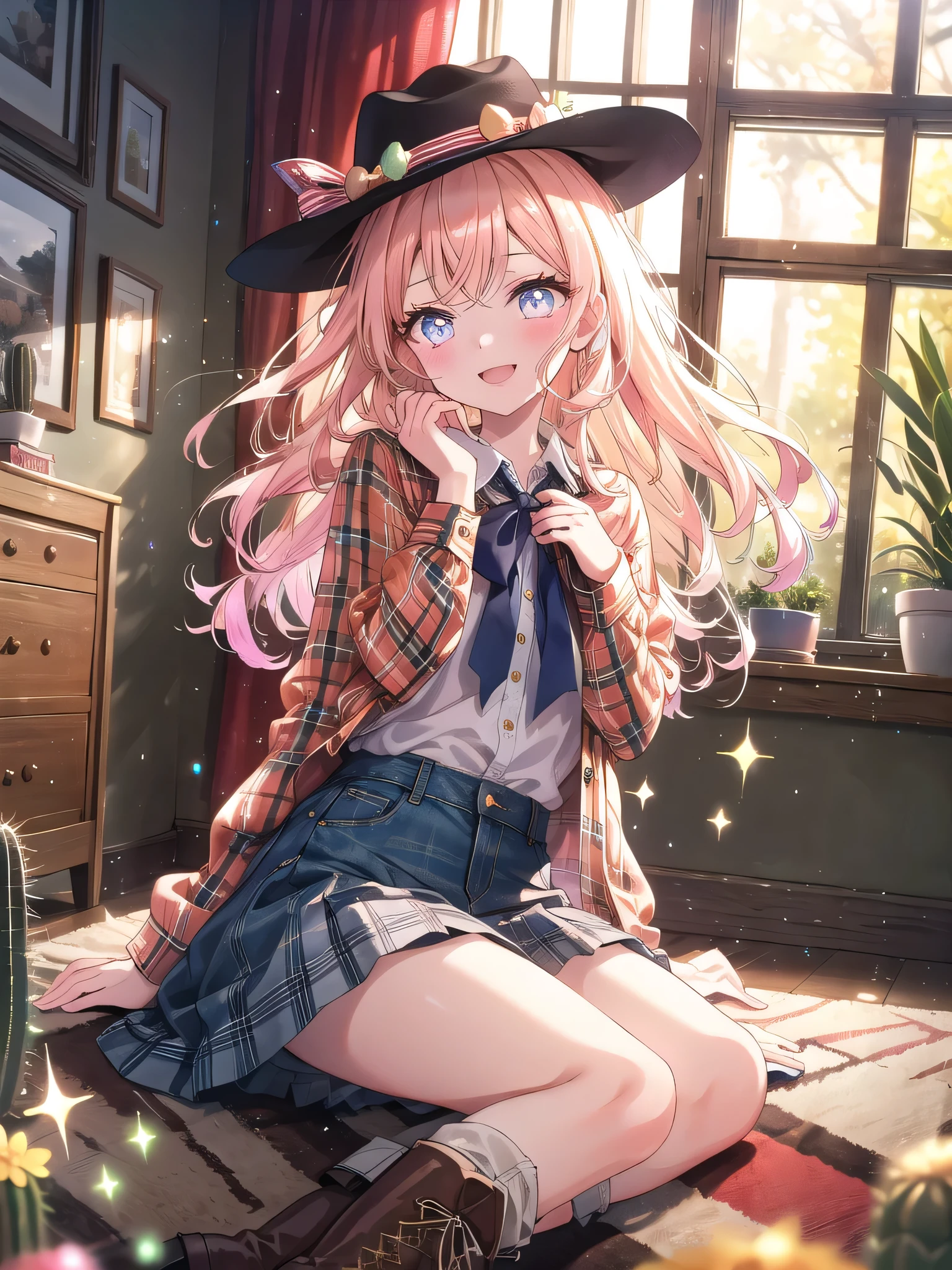 ((8k, Highest quality, masterpiece: 1.3)),Ultra-high resolution,(1 girl, alone), (Color changing eyes, Ultra-detailed, Expressive brilliance, Glitter, Glowing Eyes), Highly detailed eyes, Highly detailed face, Random Hair, ((pastel colour)),A joyful young woman with pastel peach-colored hair styled into soft waves, sitting on the floor of her sunlit bedroom during a bright morning. She is dressed in a cute yet subtly sexy cowgirl cosplay, wearing a denim skirt, a tied-up plaid shirt, and a pair of cowboy boots. The camera captures her from a slightly low angle as she playfully tips her cowboy hat with a bright smile, her expression full of energy and fun. The room is filled with natural sunlight, with a small cactus plant, a cowhide rug, and a rustic, western-themed atmosphere.