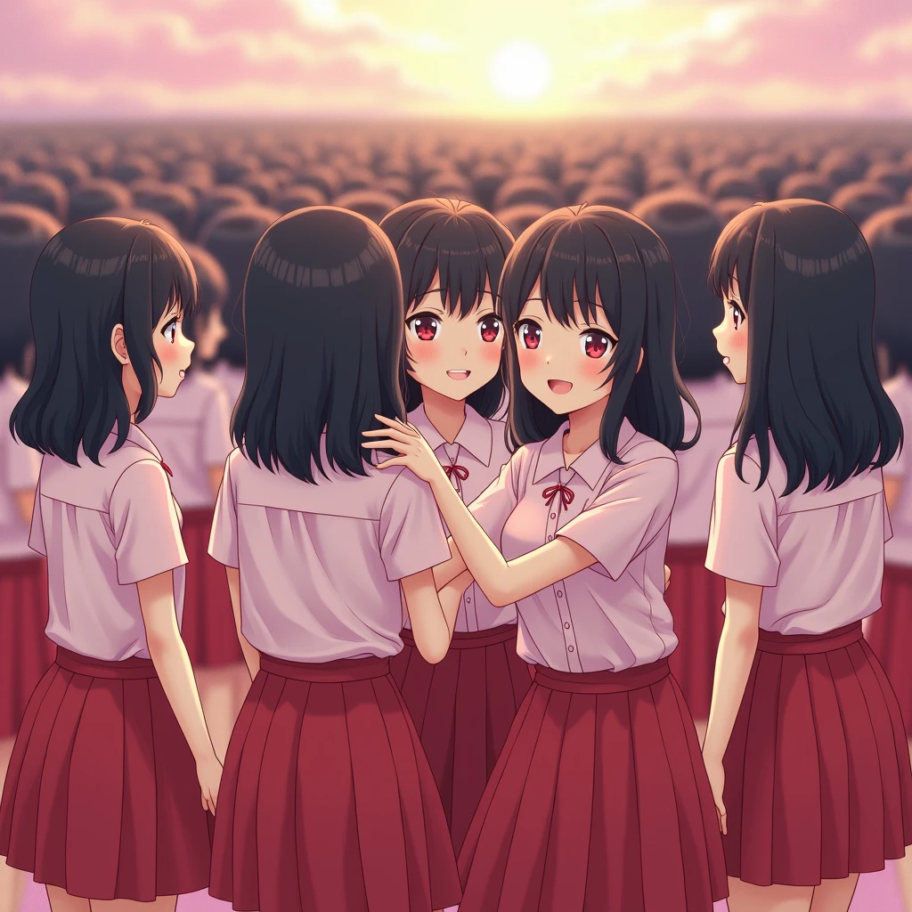 (Perfect Clone girls Photography Art), (16K, Highest quality, Ultra-high resolution, Unrealistic, A world of cloned girls multiplying, Real), (Japanese, Female college student, 20-year-old), (((((Small face, (((((Thick black hair, Semi-long hair)))))))))), ((Beautiful detailed girls, Accurate body structure, Very detailed body, ((((Big Breasts, J-Cup))), Emphasis on the fullness of a large chest))), (((Pale pink shirt, Red Skirt))), ((Real「Enako」Looks like, Cute Smile, A gentle gaze)), (((((Happy laughter))))), (((((Very detailed, 1girl-cloning))))), (((100girls), (6+girls), multiple girls))), (((A very perfect depiction of a doppelganger))), (((Very detailed, Perfectly the same girl, The exact same smile, Perfect same hair, Perfect same clothes, Perfect same J-cup))), (((((clone girls only))))), ((10,000girls)), ((1,000,000girls)), ((1,000,000,000girls)), (greeting, hug, Chest to Chest, hug, Cuddly love), ((Pleasant conversation, Happy conversation, Staring at each other, spoil, Look next door, face to face, Daily conversation, Fun love story)), ((1,000,000,000,000,000,000girls)), ((1,000,000,000,000,000,000,000,000,000girls)), ((The sight of the ultimate super-crowded, Abnormal extreme crowding, Very extremely crowded)), (Soft Light, super wide view, (((((Extremely detailed ultra-perspective depiction, height difference)))))), (((Subject depth extremely shallow)))