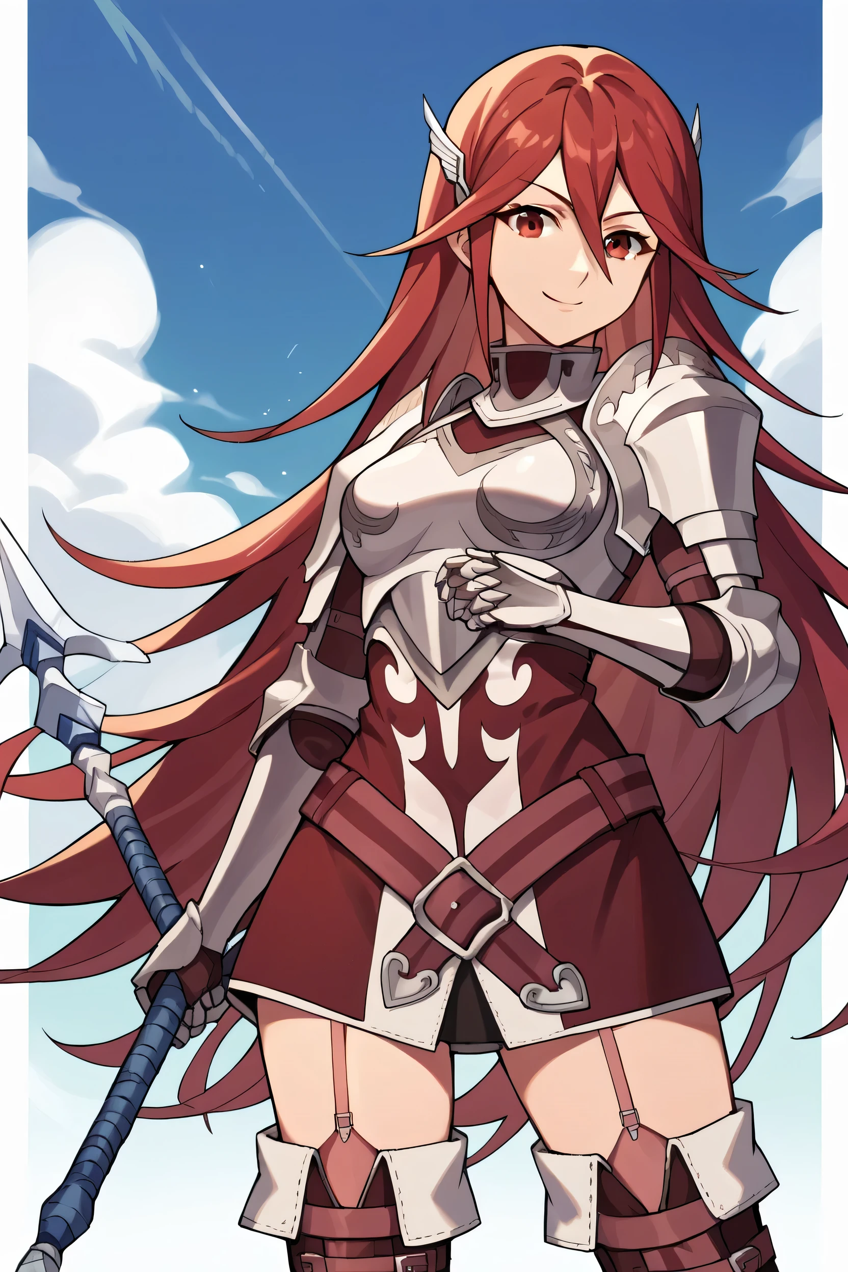 score_9, score_8_up, score_7_up, score_6_up, source_anime BREAK 1girl, solo, defCordelia, red hair, red eyes, wing hair ornament, red dress, short dress, armored dress, belt, gauntlets, garter straps, thigh boots, upper body, looking at you, smile, blue sky, clouds, holding polearm, holding weapon, spear