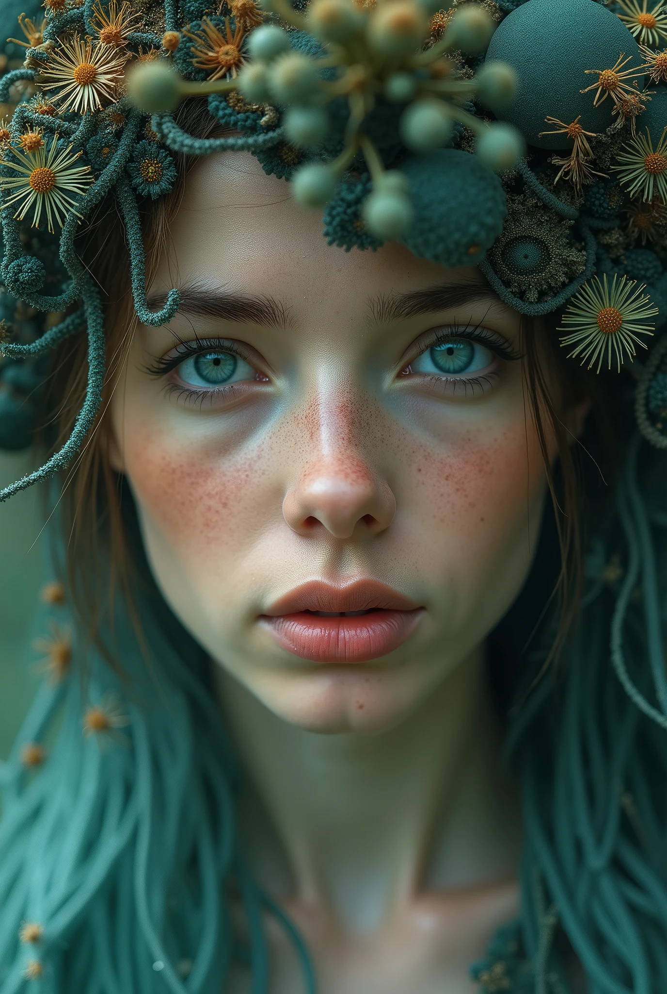 Low-angle frontal full-body portrait, woman with piercing eyes blending seamlessly with nature, skin texture contrasted with soft hues, surreal cosmic elements in the background, celestial harmony akin to Anna Dittmann's style, sensual yet intricate detailing, captures the mystery of the natural and cosmic fusion, HDR, RAW, ultra-realistic, mysterious atmosphere,