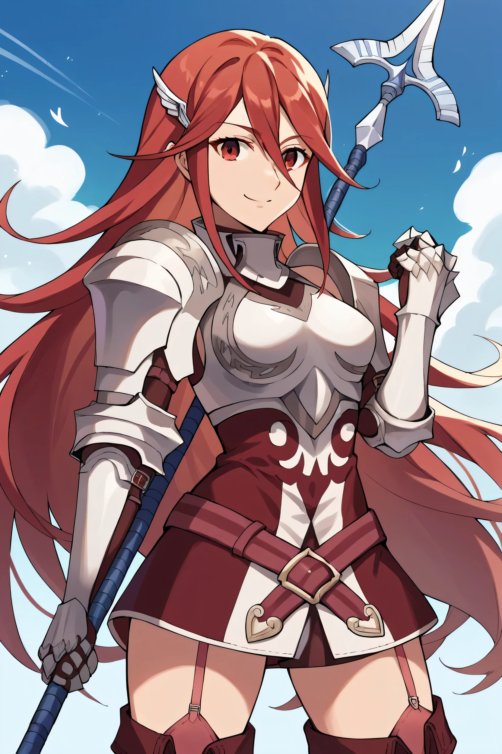 score_9, score_8_up, score_7_up, score_6_up, source_anime BREAK 1girl, solo, defCordelia, red hair, red eyes, wing hair ornament, red dress, short dress, armored dress, belt, gauntlets, garter straps, thigh boots, upper body, looking at you, smile, blue sky, clouds, holding polearm, holding weapon, spear