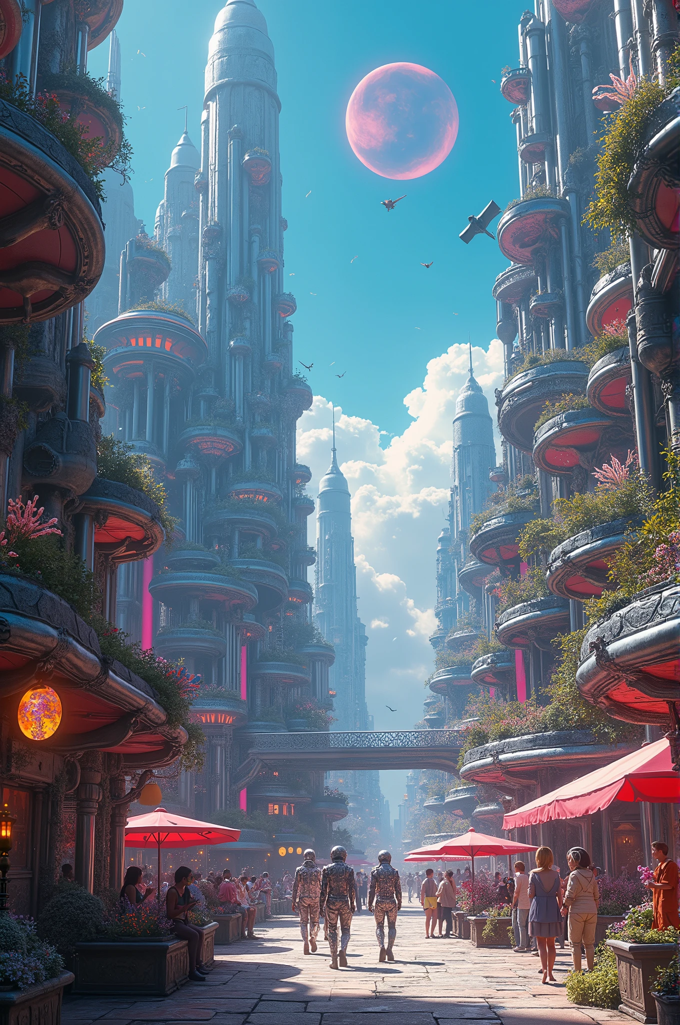 Une Civilisation Extra-Planétaire Basée sur une Ressource le Rodhium. ((Hautement Détaillé de Haute Qualité,)) Science Fiction, (Rodhium Punk City). (Explore Chrome Colors)