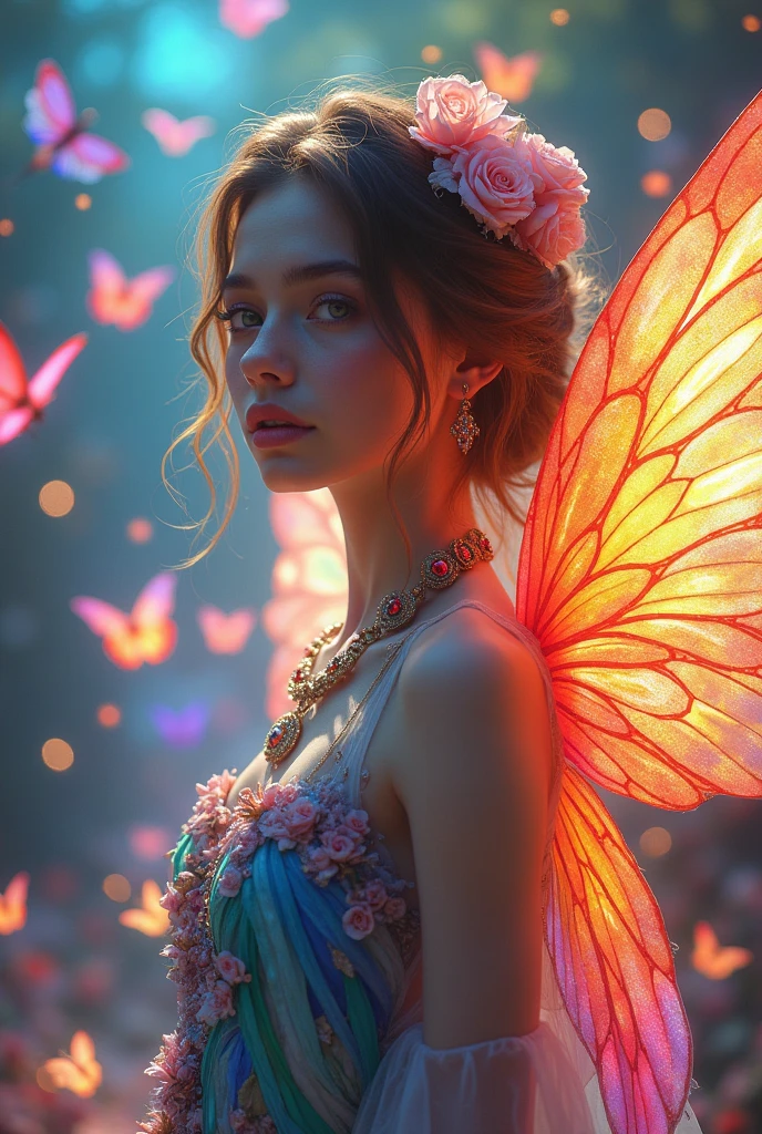 (((Masterpiece))), (((Best quality))), ((Ultra-detailed)),(Highly detailed CG illustration), ((An extremely delicate and beautiful)),Cinematic light, Create stunning fantasy artwork,Imitate the style of the currently popular genre masters. The artwork should contain elements of mythological fantasy and fairy tale fantasy,And with a fantastic rainbow accent. ((Use the rainbow as the main color scheme.)) The character in the work is a delicate but strong character,Has an aura of mystery and magic, (Beautiful translucent rainbow wings). Pay close attention to intricate facial features, For example, captivating eyes with bright colors and bold shadows. The character's clothes should be designed with gossamer feathers, Silk, Amazing embroidery, and subtle iridescent details. merging (((Translucent rainbow))), Dreamy colors, Dynamic lighting, and detailed background elements,Create a sense of awe and immersion. These include colorful flying magical birds and jewel-hued rainbow butterflies that exude magical halos. Consider the latest trends in fantasy art, such as incorporating unique lighting effects, Explore dynamic and compelling compositional techniques, And try a unique color palette. Take inspiration from top artists on ArtStation and Midjourney. camera: Choose an angle that highlights the beauty of the characters and enhances the magical majesty of the artwork. lighting: Create depth and atmosphere with atmospheric lighting technology. Resolution: Aim for high-resolution artwork,to showcase intricate detail and clarity. Artistic inspiration: Get inspiration from popular artists on ArtStation, Explore different styles, genre, and the theme.