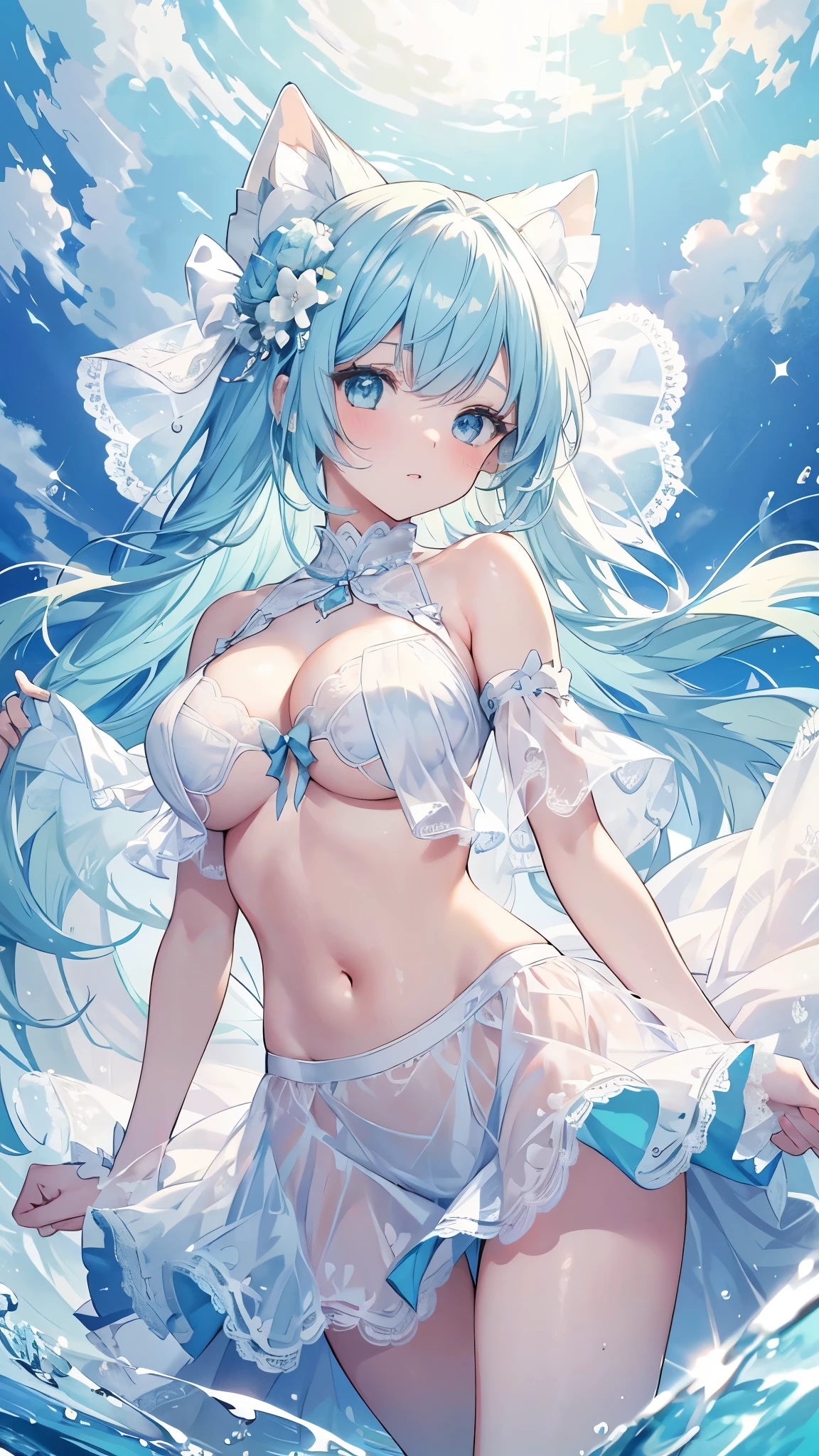 Highest quality, highest resolution, super detailed, one girl, very light aquamarine hair, white inner color, cloud-inspired dress, large breasts, beautiful breasts, bare belly button, frills and lace, sparkling aquamarine, aquamarine eyes, exposed underboob, fluffy clouds,