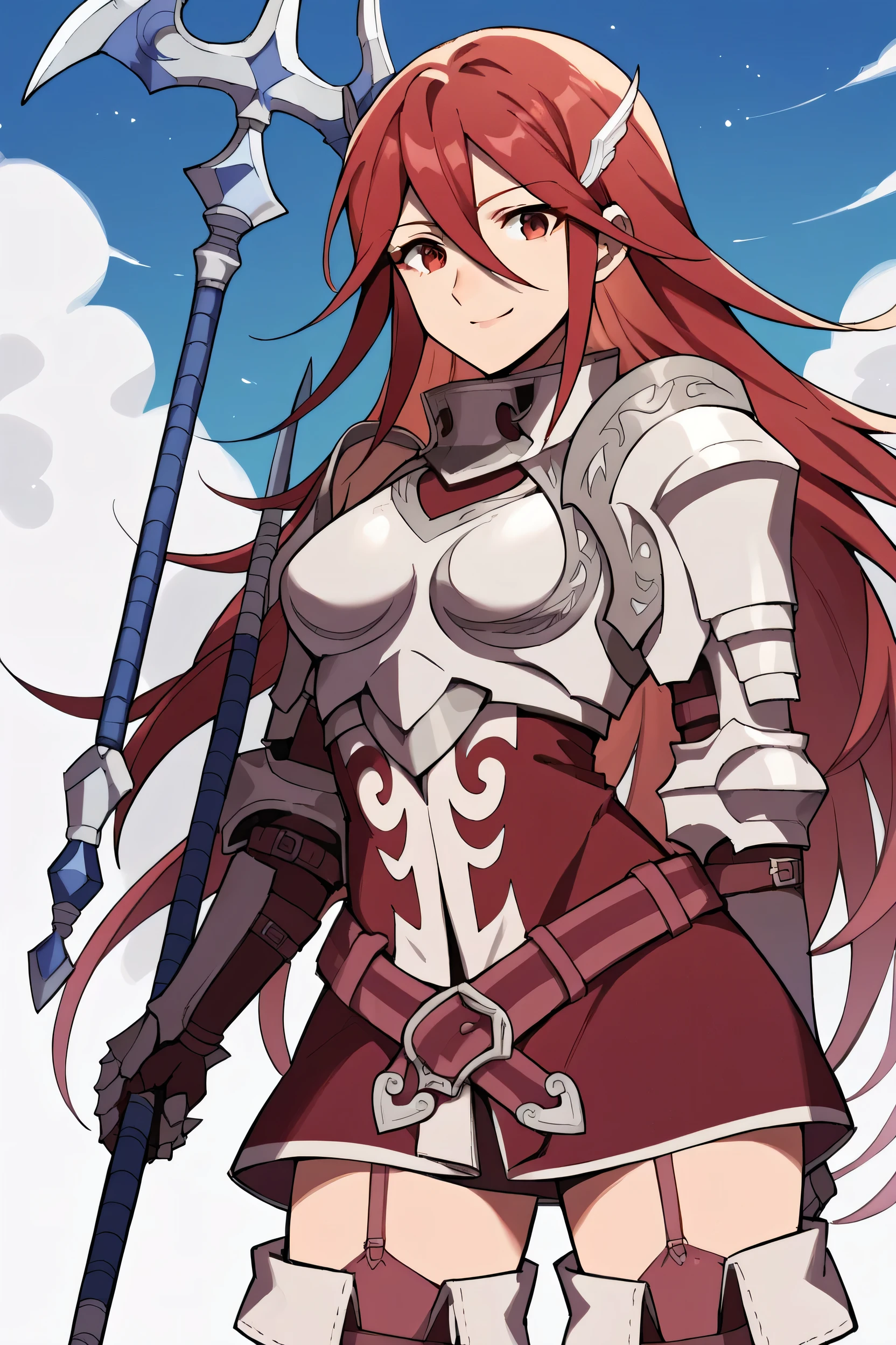 score_9, score_8_up, score_7_up, score_6_up, source_anime BREAK 1girl, solo, defCordelia, red hair, red eyes, wing hair ornament, red dress, short dress, armored dress, belt, gauntlets, garter straps, thigh boots, upper body, looking at you, smile, blue sky, clouds, holding polearm, holding weapon, spear