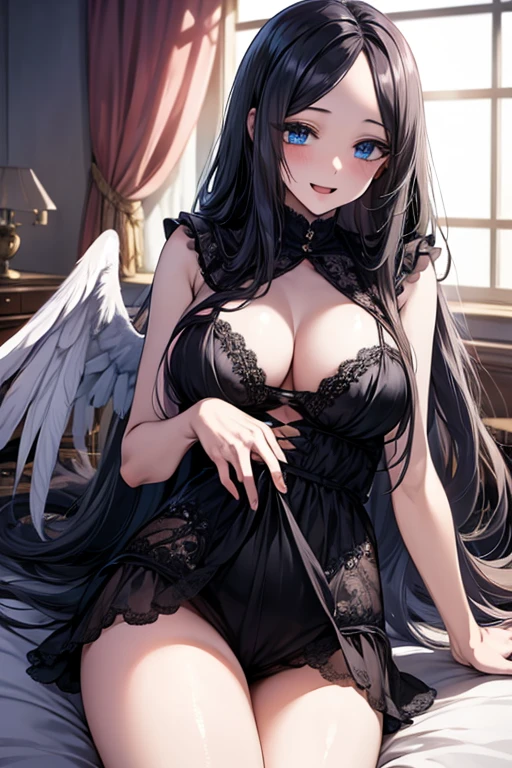 (((No head wings))), (((forehead))), (((pink lingerie))), (((big white angel wings))),Very detailed、highest quality、Best image quality、masterpiece、8k、Anime Face、A kind smile、Open Mouth、((black long hair:1.5))、((big breast)), sexy、 beautiful body 、Cowboy Shot, Sexual Intercourse, ((blue eyes)), hotel bedroom, busty, buxom, curvy, voluptuous,