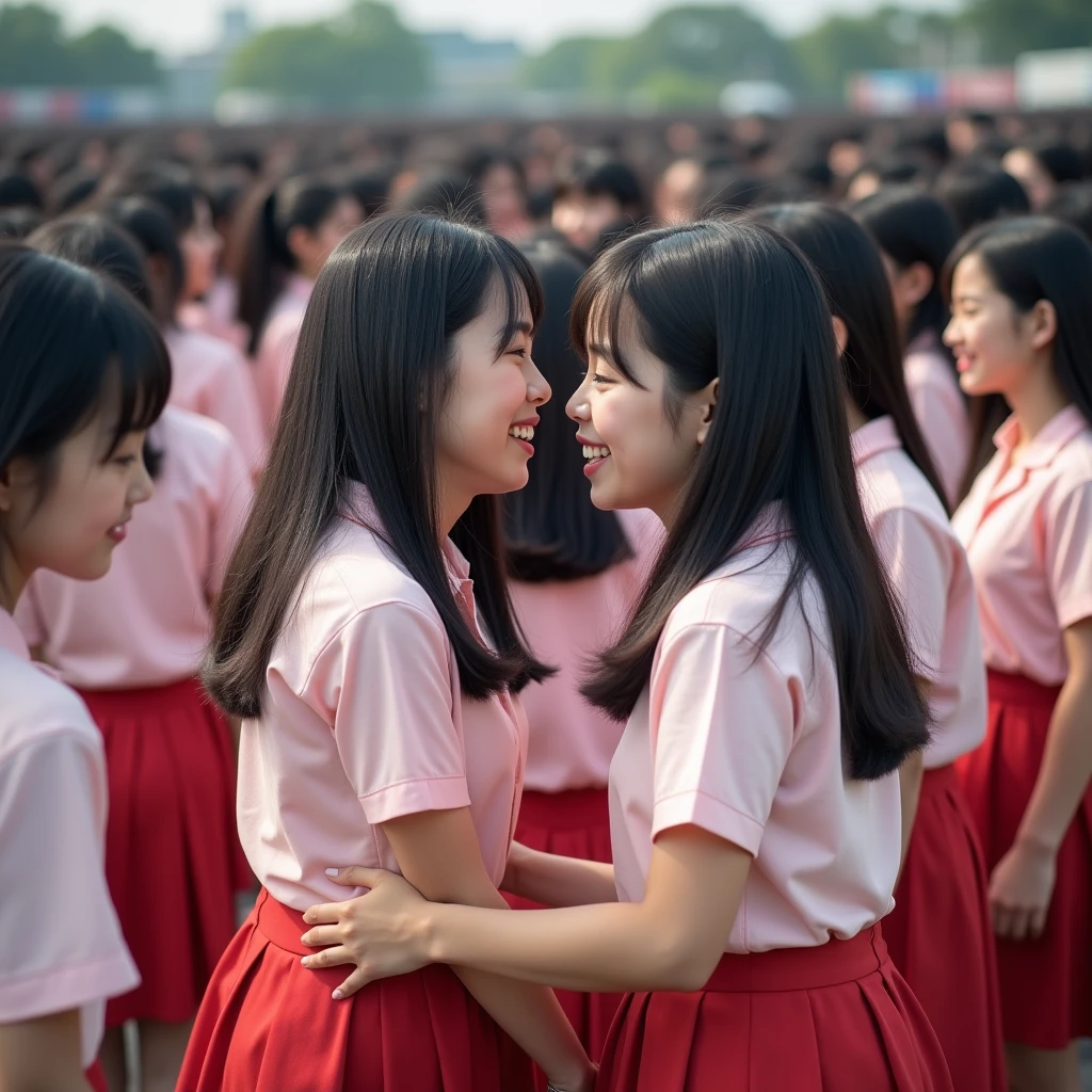 (Perfect Clone girls Photography Art), (16K, Highest quality, Ultra-high resolution, Unrealistic, A world of cloned girls multiplying, Real), (Japanese, Female college student, 20-year-old), (((((Small face, (((((Thick black hair, Semi-long hair)))))))))), ((Beautiful detailed girls, Accurate body structure, Very detailed body, ((((Big Breasts, J-Cup))), Emphasis on the fullness of a large chest))), (((Pale pink shirt, Red Skirt))), ((Dark Eyes, Baby Face, Cute Smile, A gentle gaze)), (((((Happy laughter))))), (((((Very detailed, 1girl-cloning))))), (((100girls), (6+girls), multiple girls))), (((A very perfect depiction of a doppelganger))), (((Very detailed, Perfectly the same girl, The exact same smile, Perfect same hair, Perfect same clothes, Perfect same J-cup))), (((((clone girls only))))), ((10,000girls)), ((1,000,000girls)), ((1,000,000,000girls)), (greeting, hug, Chest to Chest, hug, Cuddly love), ((Pleasant conversation, Happy conversation, Staring at each other, spoil, Look next door, face to face, Daily conversation, Fun love story)), ((1,000,000,000,000,000,000girls)), ((1,000,000,000,000,000,000,000,000,000girls)), ((The sight of the ultimate super-crowded, Abnormal extreme crowding, Very extremely crowded)), (Soft Light, super wide view, (((((Extremely detailed ultra-perspective depiction, height difference)))))), (((Subject depth extremely shallow)))