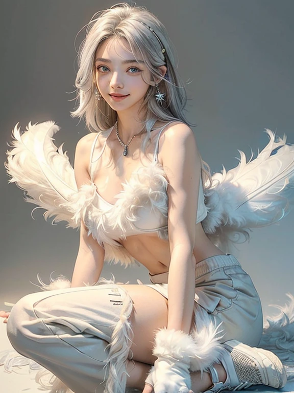 (anime:1.2), (Official Art:1.2), (nice, elegant, luxury:1.6), (beautiful still life painting art:1.2), (Super detailed, beautiful, masterpiece, Highest quality:1.2), _ break (One person:1.2), 22 years old, 160cm, cute Japanese model, Tone the whole body, Medium chest, Small Head, Small face, Diamond Face, Small Nose, Sharp face line, Detailed face, Detailed eyes, Young hands and fingers, beautiful hands and fingers, Five Fingers, _ break (Happy, smile, Glossy Lips:1.3), (Light colored lips, Mouth half open, beautiful Teeth:1.2), (Droopy eyes, double eyelid, Light-colored eyes, Shining Eyes:1.5), Glowing Skin, _ break (Trim your hair:1.2), (Gray Hair:1.2), Shiny Hair, Detailed Hair, _ break (Simple gray background:1.2), (Blurred Background, haze, fog:1.2), _ break (Cowboy Shot:1.2), (Sitting, Sexy model posing:1.2), break (White fluffy feather theme:1.6), (fluffy:1.7), (loose-fitting fluffy feather sleeveless shirt:1.4), (fluffy cuffs and hem:1.4), break (fluffy feather Hair accessories:1.4), (fluffy feather earrings:1.4), (fluffy sweat pants:1.4), (White high-top sneakers:1.4), break (fluffy feather gloves:1.4), (fluffy feathered anklets:1.2),