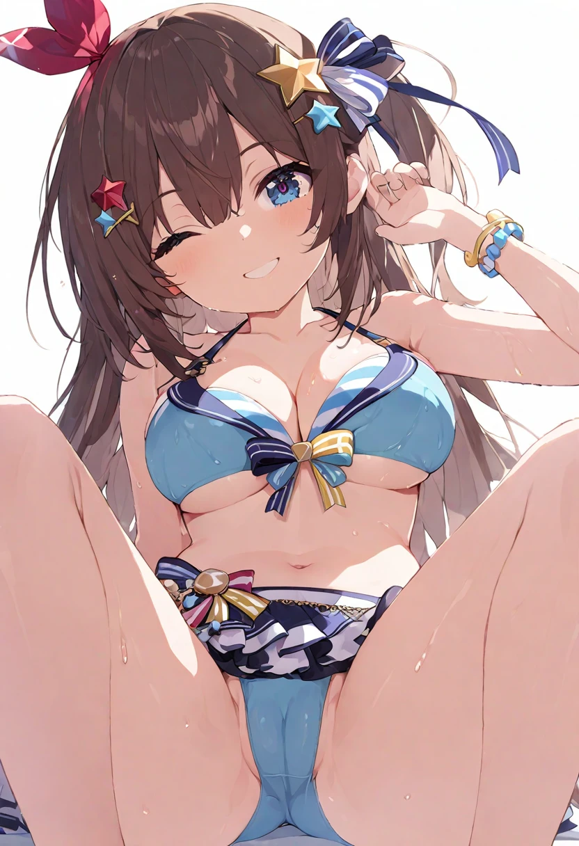 (muste piece), (best quality), (score_9, score_8_up, score_7_up), very detailed eyes, expressive eyes, perfect face, very detailed face, highly detailed face, beautiful girl, 8K, beautiful girl, (white background:1.3), delicate and beautiful face and eyes, dark intense shadow, 1 girl, solo, vtuber style, cool girl, hololive, Tokino Sora, brown hair, long hair, star hair ornament, hair ribbon, blue eyes, hololive summer 2023 swimsuit, bare shoulders, layered bikini, blue bikini, striped bikini, bikini skirt, big chest, , underboob, cropped shoulders, clavicle, cameltoe, Navel-baring, wet body, wet hair, one eye close winking, smile, body visible through clothes, chest visible through clothes, ass visi through thighs, Shiny Oiled Skin, (full body), barefoot, bare thighs, sitting, open legs wide, from below, pov crotch,
