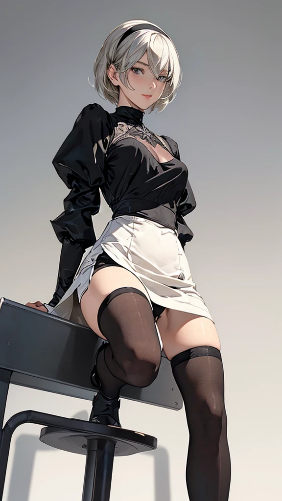 (from below),{erotic face,looking away,enchanting smile}, BREAK,{solo, (2B of Nier Automa:1.4), (skinny body,thin thighs:1.2,small breasts),(lightbrown_lightwhite colored hair:1.4, short cut hair,hide left eye with bangs:1.2), (small mouth:1.2),(narrow and sharp eyes:1.4,blue-glay eyes,sparkling eyes:1.1)},{(2B clothes:1.4),(black hairband:1.4),(black stockings:1.4),(black over-the-knee boots:1)},BREAK,{(Sit on a metal bar stool with a high seat:1.4),(plain background:1.4),(cast a shadow on the background:1.4)},{(masterpiece,best quality, 8K UHD, extremely detailed CG, detailed beautiful face and eyes and skin and hair)},