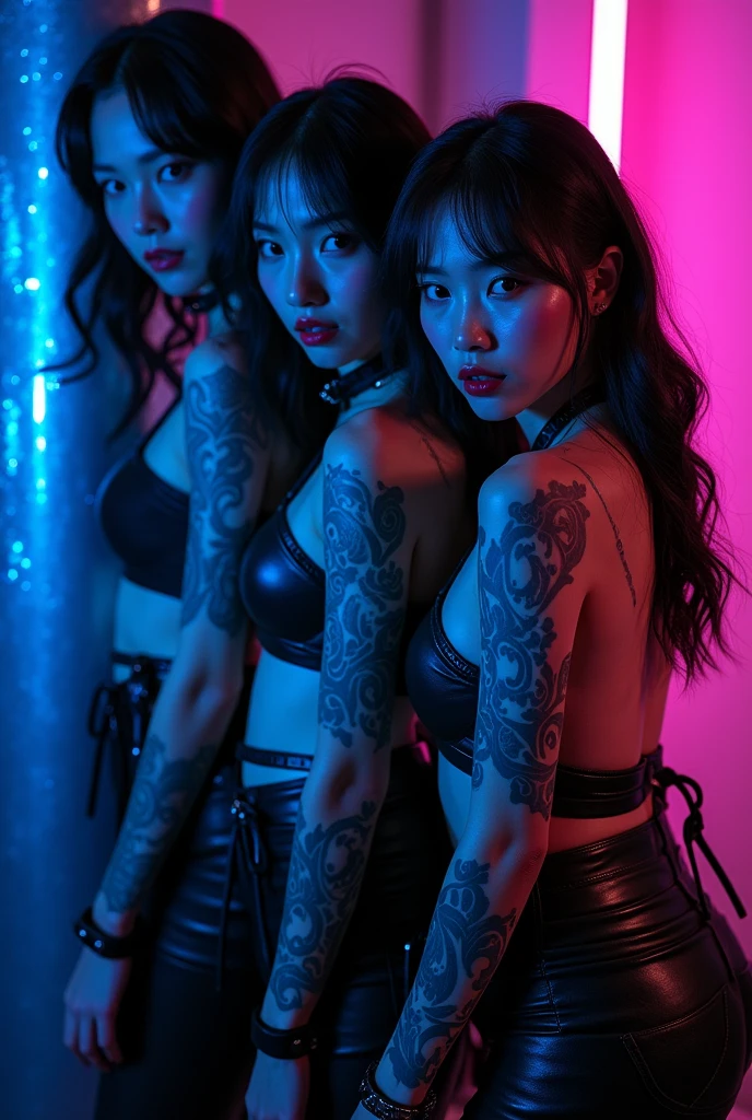three sexy asian women with tattoos posing for a picture in a photo studio, cyberpunk art inspired by Hedi Xandt, trending on Artstation, fantasy art, seductive cyberpunk dark fantasy, as seen on artgerm, carmilla vampire, wlop and artgerm, commission for high res, vampires fantasy, deviantart artstation cgscosiety, trinity