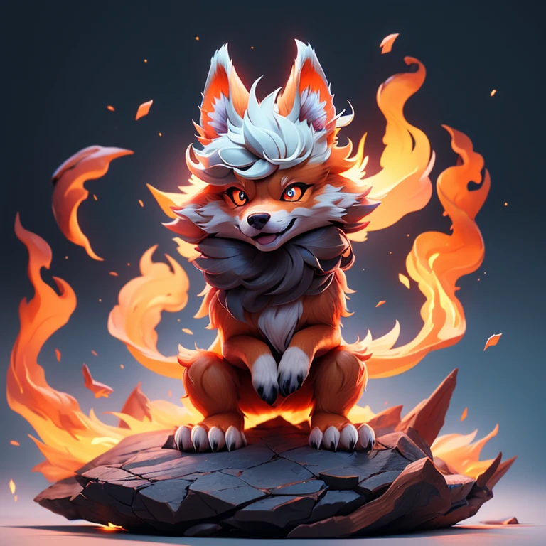 Create an image of a fire wolf puppy monster., The body is transparent and can be seen through. The image is sharp and detailed., with beautiful colors.. With arms, leg, eyes, mouth, พื้นหลังสีlegว