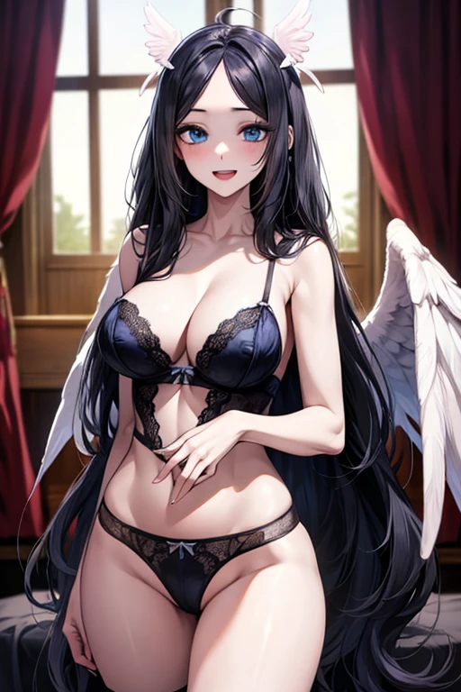 (((No head wings))), (((forehead))), (((pink lingerie))), (((big white angel wings))),Very detailed、highest quality、Best image quality、masterpiece、8k、Anime Face、A kind smile、Open Mouth、((black long hair:1.5))、((big breast)), sexy、 beautiful body 、Cowboy Shot, Sexual Intercourse, ((blue eyes)), hotel bedroom, busty, buxom, curvy, voluptuous,(((not black lingerie)))