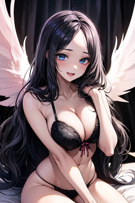 (((No head wings))), (((forehead))), (((pink lingerie))), (((big white angel wings))),Very detailed、highest quality、Best image quality、masterpiece、8k、Anime Face、A kind smile、Open Mouth、((black long hair:1.5))、((big breast)), sexy、 beautiful body 、Cowboy Shot, Sexual Intercourse, ((blue eyes)), hotel bedroom, busty, buxom, curvy, voluptuous,(((not black lingerie)))