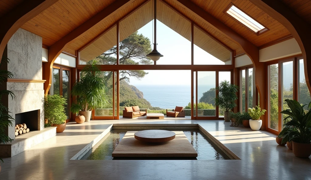 ((best quality, high resolution, masterpiece, premium camera lens)) interior view from a living room, rectangular sunken conversation pit, intricate details, mid-century-modern, a House on a Cliff in Big Sur, accurate design, polished concrete floor, (wooden ceiling), lush indoor plants, fireplace, artwork, mezzanine, timeless interior design, artist: Mickey Muennig, Harry Gesner, Olson Kundig, John Lautner, Harry Seidler, cinematic, beautifully graded colors, soft natural light, decent indirect indoor lighting, big budget Hollywood film, Panavision Panaflex camera