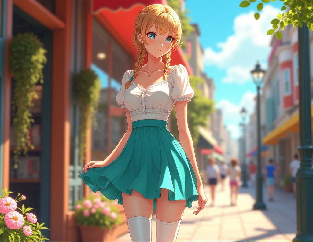 beautiful adult anime woman, fit, long strawberry blonde braided hair, white sweetheart neck short sleeve blouse, turquoise yoke skirt, white tights, black high heels, waiting outside store, sunny day