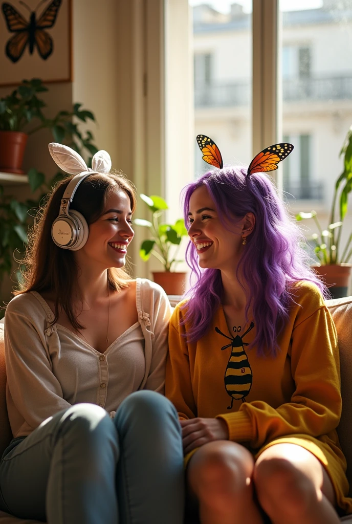 Korean purple hair butterfly woman with headphone and bee woman in paris at home everyday clothes two friends