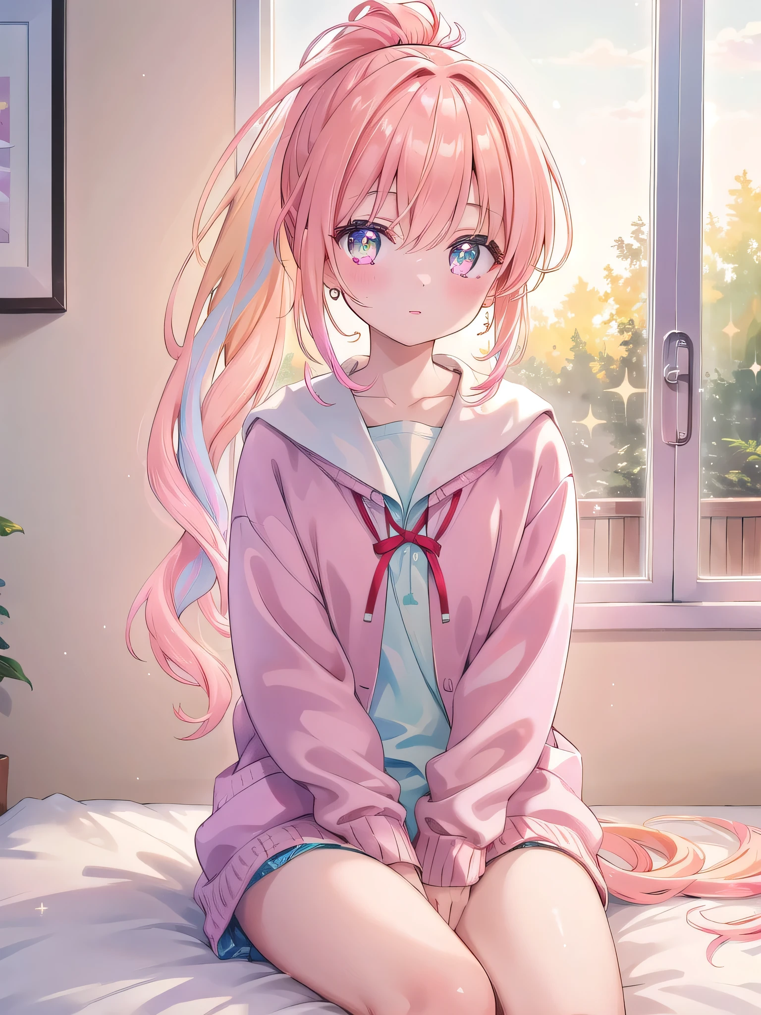 ((8k, Highest quality, masterpiece: 1.3)),Ultra-high resolution,(1 person, alone), (Color changing eyes, Very detailed, The brilliance of expression, Glitter, Glowing Eyes), Very detailed目, Very detailed顔, Random Hair, ((pastel colour)),Pastel peach colored hair tied in a high ponytail、Happy young woman, Sitting cross-legged on a bed in a sunny bedroom in the late afternoon. She&#39;s wearing a sweet and subtly sexy retro cheerleader cosplay, Wear a pleated skirt, Cropped top with large lettering on the chest, And in her hand she has a matching pom-pom. She cheers with a bright smile.、The camera is capturing the image from a slightly lower angle.。, Her face was full of enthusiasm and energy.. The room is filled with natural light, There is a small flag hanging on the wall, Some colorful cushions, And energetic, School-like atmosphere.