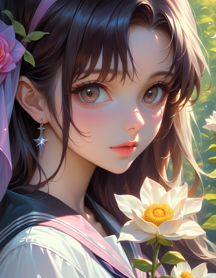 a close up of a person holding a bunch of flowers, detailed anime soft face, stunning anime face portrait, pinterest anime, beautiful anime portrait, 🌸 🌼 💮, very beautiful fantasy art, beautiful anime art, beautiful fantasy painting, beautiful fantasy art portrait, realistic cute girl painting, the sailor galaxia. beautiful, luminous flowers, close up of a young anime girl