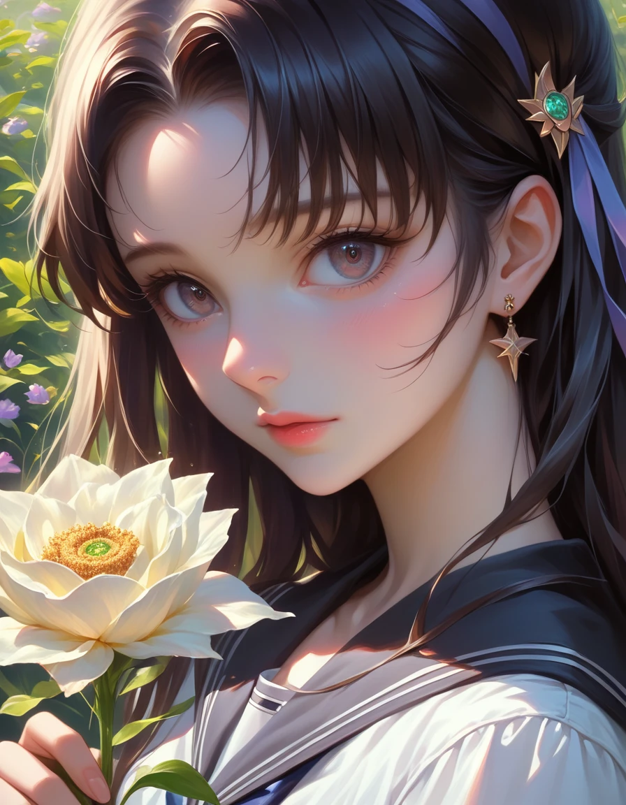 a close up of a person holding a bunch of flowers, detailed anime soft face, stunning anime face portrait, pinterest anime, beautiful anime portrait, 🌸 🌼 💮, very beautiful fantasy art, beautiful anime art, beautiful fantasy painting, beautiful fantasy art portrait, realistic cute girl painting, the sailor galaxia. beautiful, luminous flowers, close up of a young anime girl