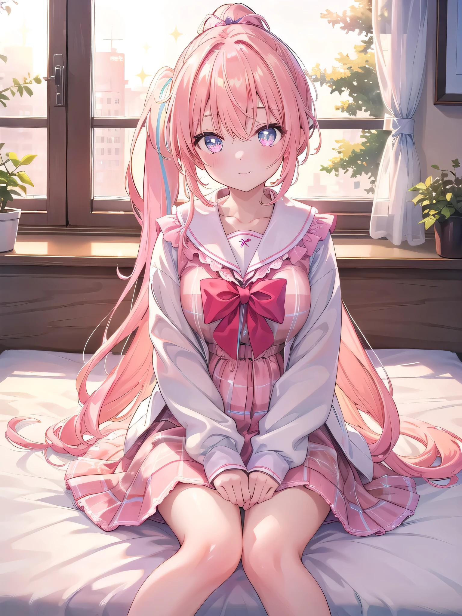 Beautiful illustration、top-quality、Cute little girl s、Bedroom、A pink-haired、length hair、(((Pink pleated skirt)))、(((pink sailor suit)))、shortsleeves、Colossal tits、a navel、Flipping up the skirt with your hands、Show white panties、Pull up your skirt and show your panties、bare-legged、blue eyess、on the beds、lovely thighs、glowing thigh