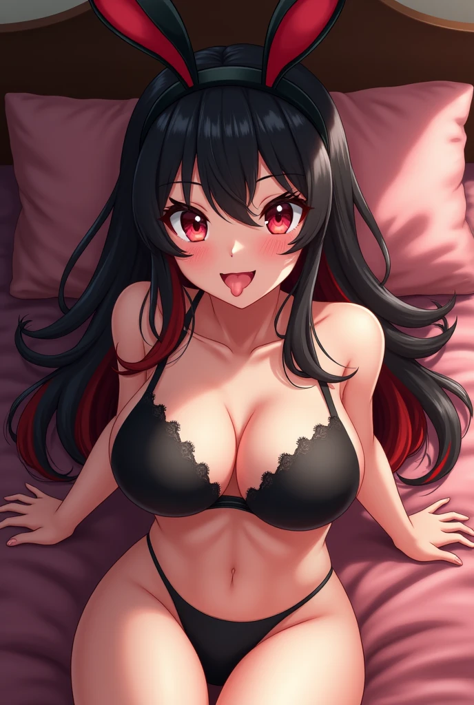 One adult woman,Black bunny headband,Black underwear,Sexy expression,smile,Ahegao,Sticking out tongue,Big Breasts,Jcup,Long black hair with red streaks,Sexy body,anime,high quality,Glowing Skin,On the bed,M-shaped legs,