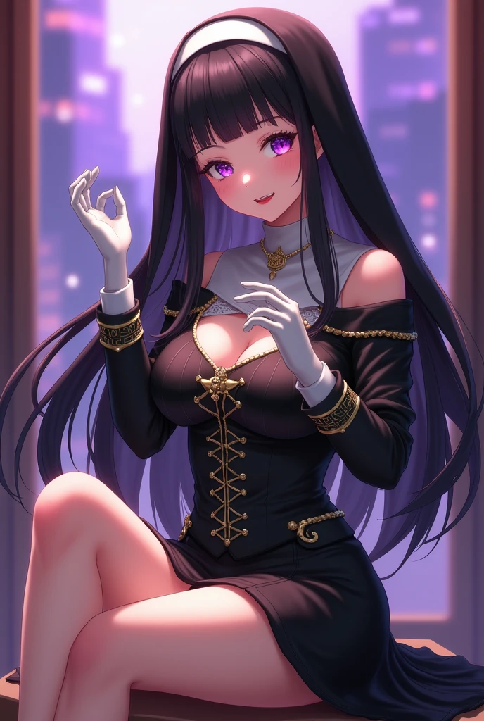 Young and beautiful woman,(Highest quality,Extremely detailed depiction,Incredible high resolution,Anatomically accurate depiction,Curvy Legs,Nice hands,Five perfect fingers),(Glowing Skin,Oilskin),(Nuns,複雑な光沢のあるNunsの服,White gloves:1.2),eyelash,(Intense glowing purple eyes,Crazy Eyes,Large Breasts,Captivating smile,Glossy Red Lips,A pose where both hands are extended towards the screen:1.5,palm),whole body,Sitting,Focus on the hands:1.5,High-quality anime art,