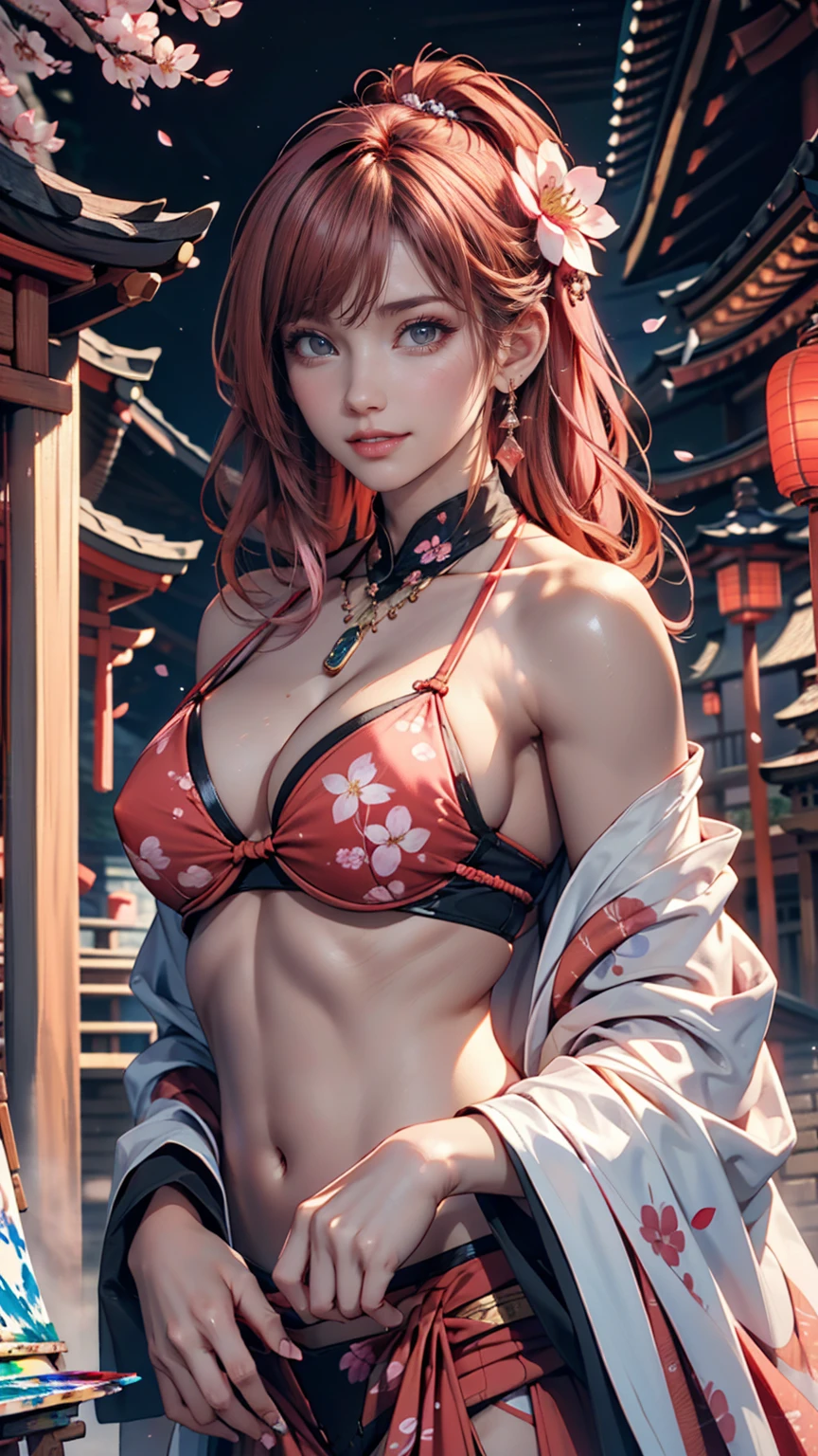 One person, (Urzan-6500:0.7), K-Pop Idols, yae miko, bikini, Removable sleeves, Exposing shoulders, Pink Hair, Long Hair, スーパーマイクロbikini, Highest quality, (Painting:1.5), (hair ornaments:1.35), jewelry, Purple eyes, Earrings, chest, torii, cherry blossoms, Lantern Light, Depth of written boundary, Detailed face, Face Focus, ribbon_trim, (View your viewers:1.25), Non-traditional Shrine Maiden, Glowing Skin, Long sleeve, smile, Thick lips, Game CG, Put your hand on your lips, East Asian architecture, (Blurred Background:1.2), Sitting, Upper Body, スーパーマイクロbikini
