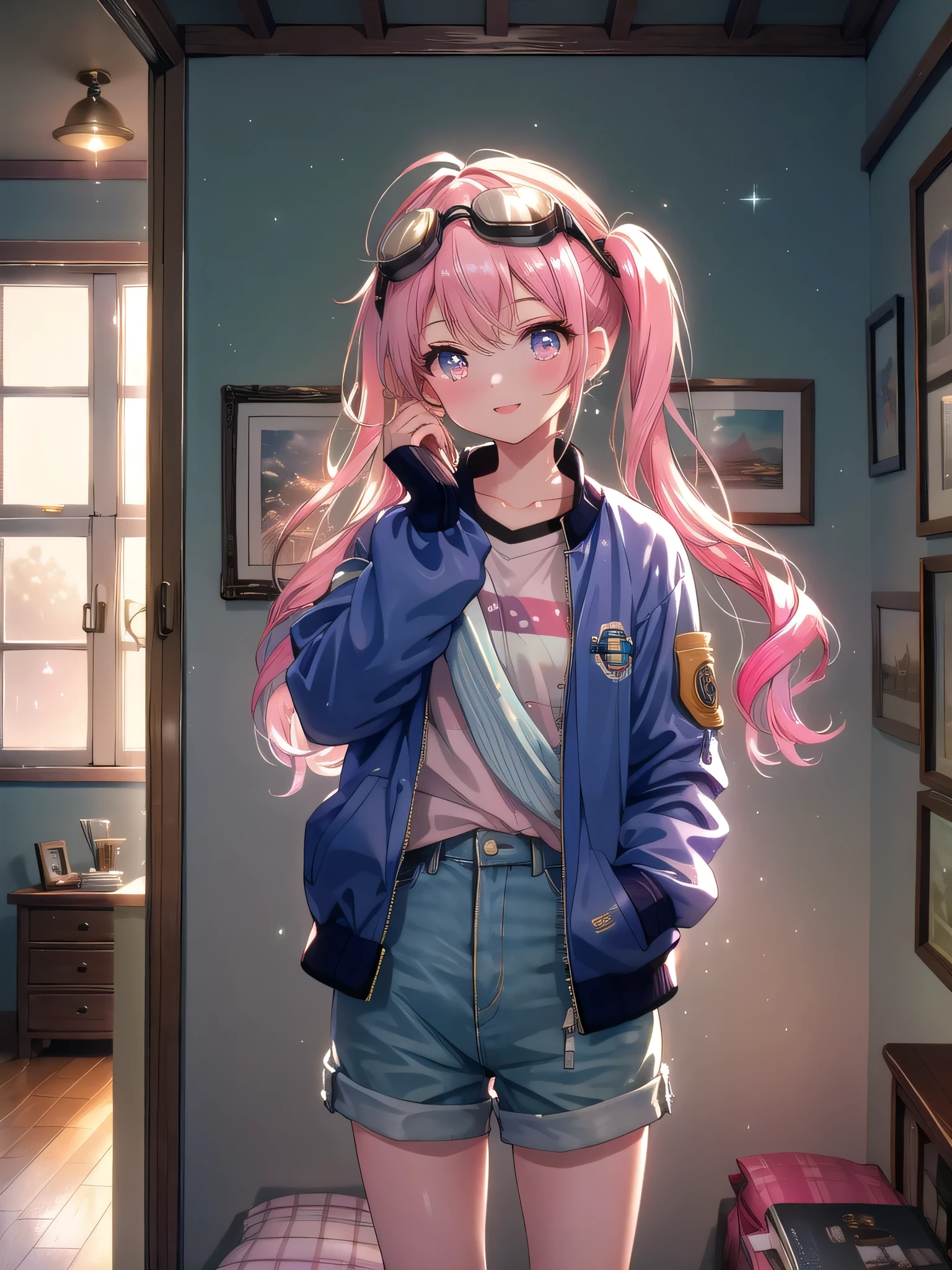 ((8k, Highest quality, masterpiece: 1.3)),Ultra-high resolution,(1 person, alone), (Color changing eyes, Very detailed, The brilliance of expression, Glitter, Glowing Eyes), Very detailed目, Very detailed顔, Random Hair, ((pastel colour)),Her pastel pink hair styled in twintails、A radiant young woman, Late evening、Standing beside a bedroom closet bathed in soft light. She's adorned in a modest yet subtly sexy vintage pilot cosplay., Dressed in a fitted bomber jacket, and high-waisted shorts, Aviator goggles perched on her head. The camera、A frontal view capturing her adjusting her goggles with a confident smile。, Her expression brimming with adventure and excitement. the room was bathed in the warm glow of the setting sun, A small model airplane sits on a shelf, A vintage map hung on the wall, And nostalgic, Adventurous atmosphere.