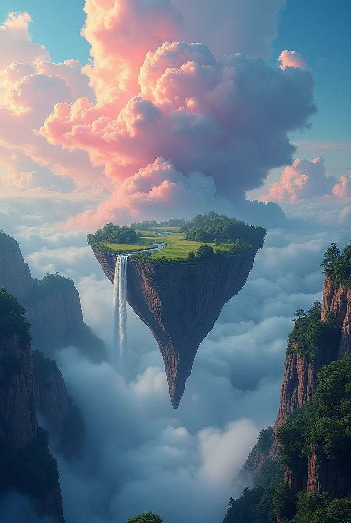 ((Wonderful landscape)),photograph,(unrealistic),((waterfall)),((High places)),Multicolored clouds,Floating Island