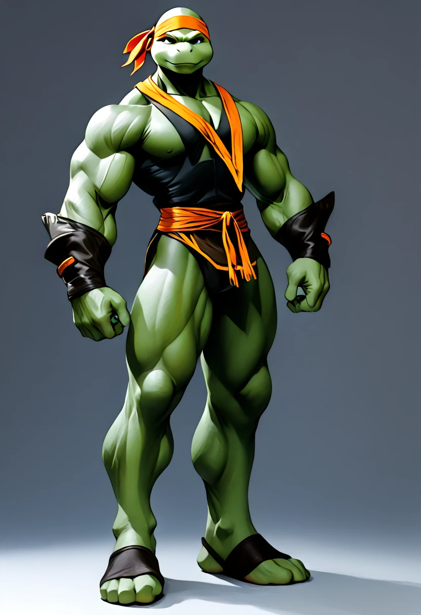 Michelangelo,a age mutant ninja turtles,buff,muscular,big neck,green darker skin,orange bandanna,mutant,bald,nunchakus,cool expressions,ninja outfit,full body,a powerful physique, inspired by the style of Frank Miller, 80’s comics, masterfully rendered with exceptional detail and realism, vivid colors, and dramatic lighting.