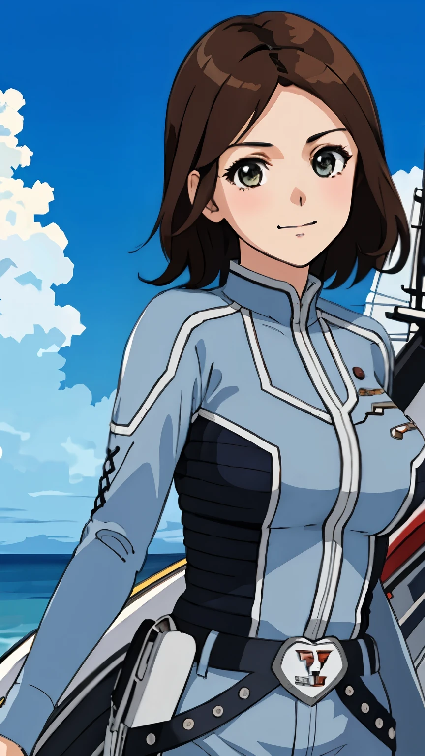 masterpiece, best quality, solo,1girl,looking at viewer,, cowboy shot,sea,anime style,
 anne、Ultra Guard Interioghter Aircraft Background、The bust is large