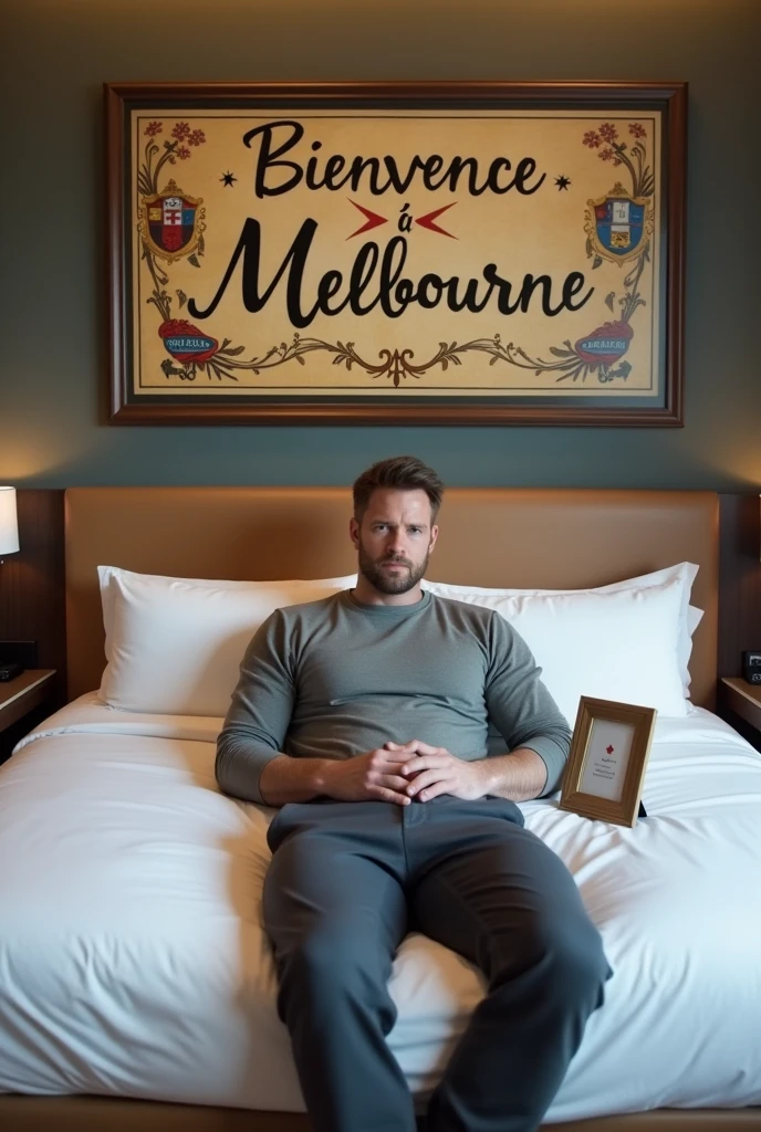 Homme caucasien grand de taille, charmant, un peu costaud, habillé en pantalon et tee-shirt manche longue, assis ou adossé sur une table dans une grande chambre d'hôtel et sur le lit de l'hôtel qu'il soit déposer un cadre photo grand ou moyen qu'il est possible de faire arrêter sur le lit et faire face à la caméra et sur le mur du chevet du lit un tableau sur lequel il est écrit en français : Bienvenue à Melbourne et autour de la phrase qu'il y ait les emblèmes du Canada Québec ou le drapeau du Canada Québec 