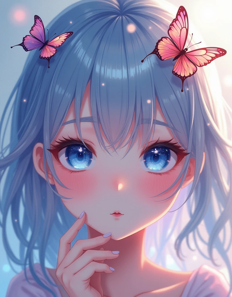 a close up of a person with a butterfly on her head, pinterest anime, butterfly, beautiful anime portrait, stunning anime face portrait, aesthetic cute with flutter, anime picture, digital anime art, detailed anime soft face, beautiful anime art, anime arts, harmony of butterfly, beautiful anime style, cgsociety 9, blue eye. anime, half-woman half-butterfly