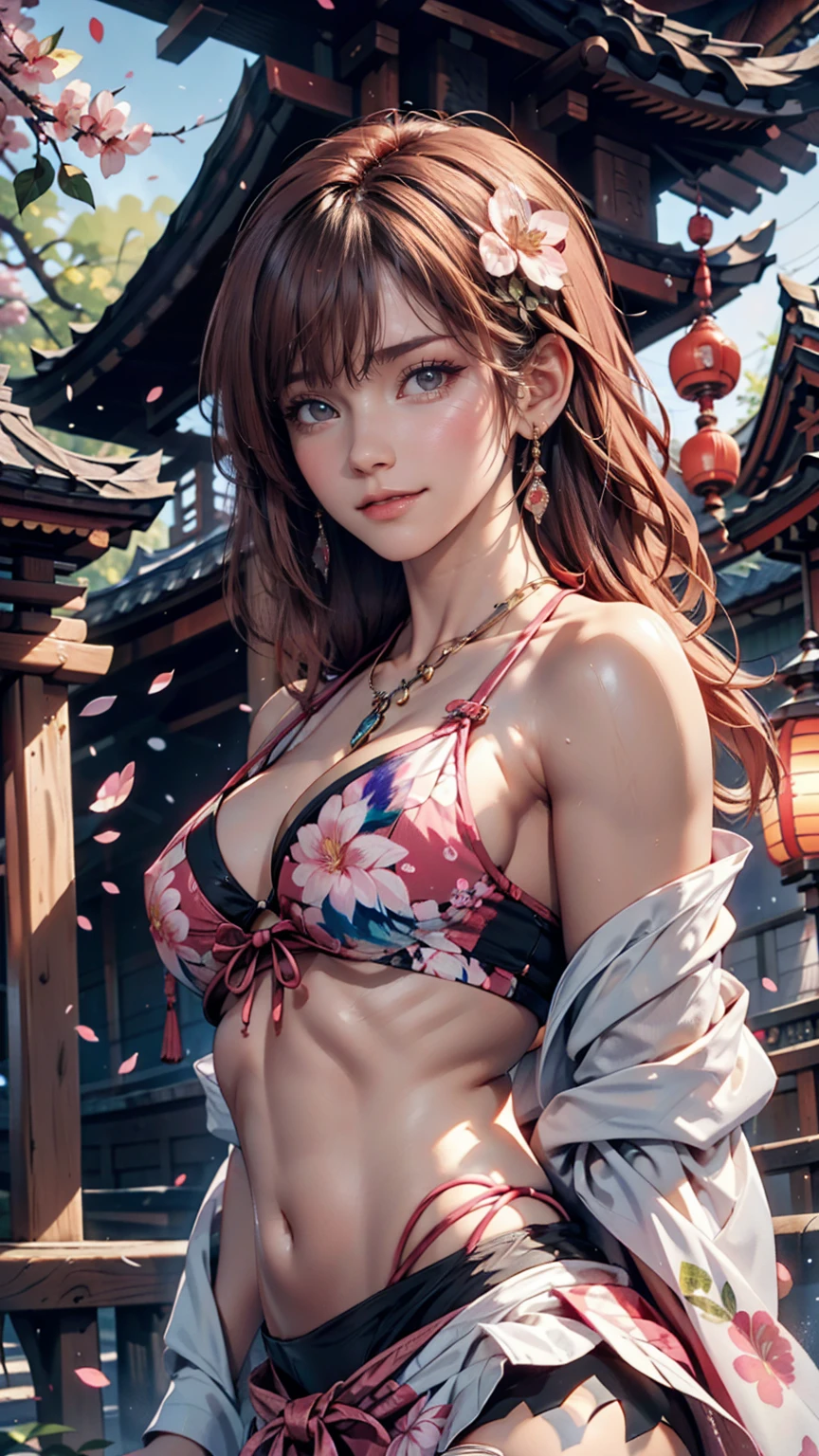 One person, (Urzan-6500:0.7), K-Pop Idols, yae miko, bikini, Removable sleeves, Exposing shoulders, Pink Hair, Long Hair, スーパーマイクロbikini, Highest quality, (Painting:1.5), (hair ornaments:1.35), jewelry, Purple eyes, Earrings, chest, torii, cherry blossoms, Lantern Light, Depth of written boundary, Detailed face, Face Focus, ribbon_trim, (View your viewers:1.25), Non-traditional Shrine Maiden, Glowing Skin, Long sleeve, smile, Thick lips, Game CG, Put your hand on your lips, East Asian architecture, (Blurred Background:1.2), Sitting, Upper Body, スーパーマイクロbikini