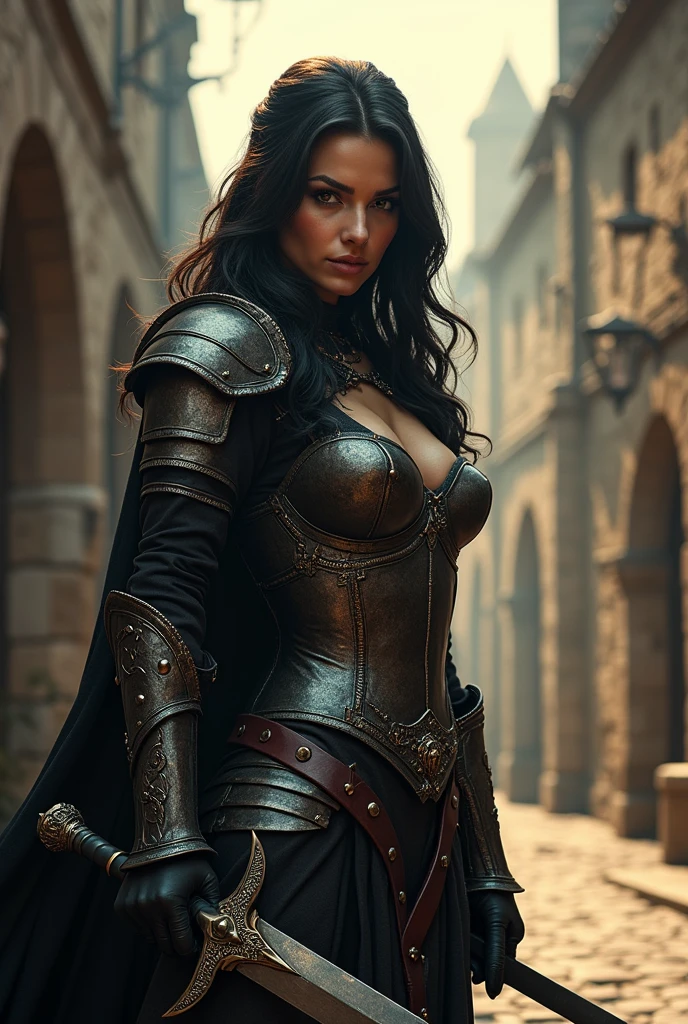 score_9_up score_8_up score_7_up, female_solo, hazel eyes, black hair, slender hot body proportion, medium breast, witchblade, cleavage, erected nipples, intricate details, perfect, Witcher wolf Armor, (1Huge Sword, Large sword), depth_of_field, medieval city,holding_sword,
