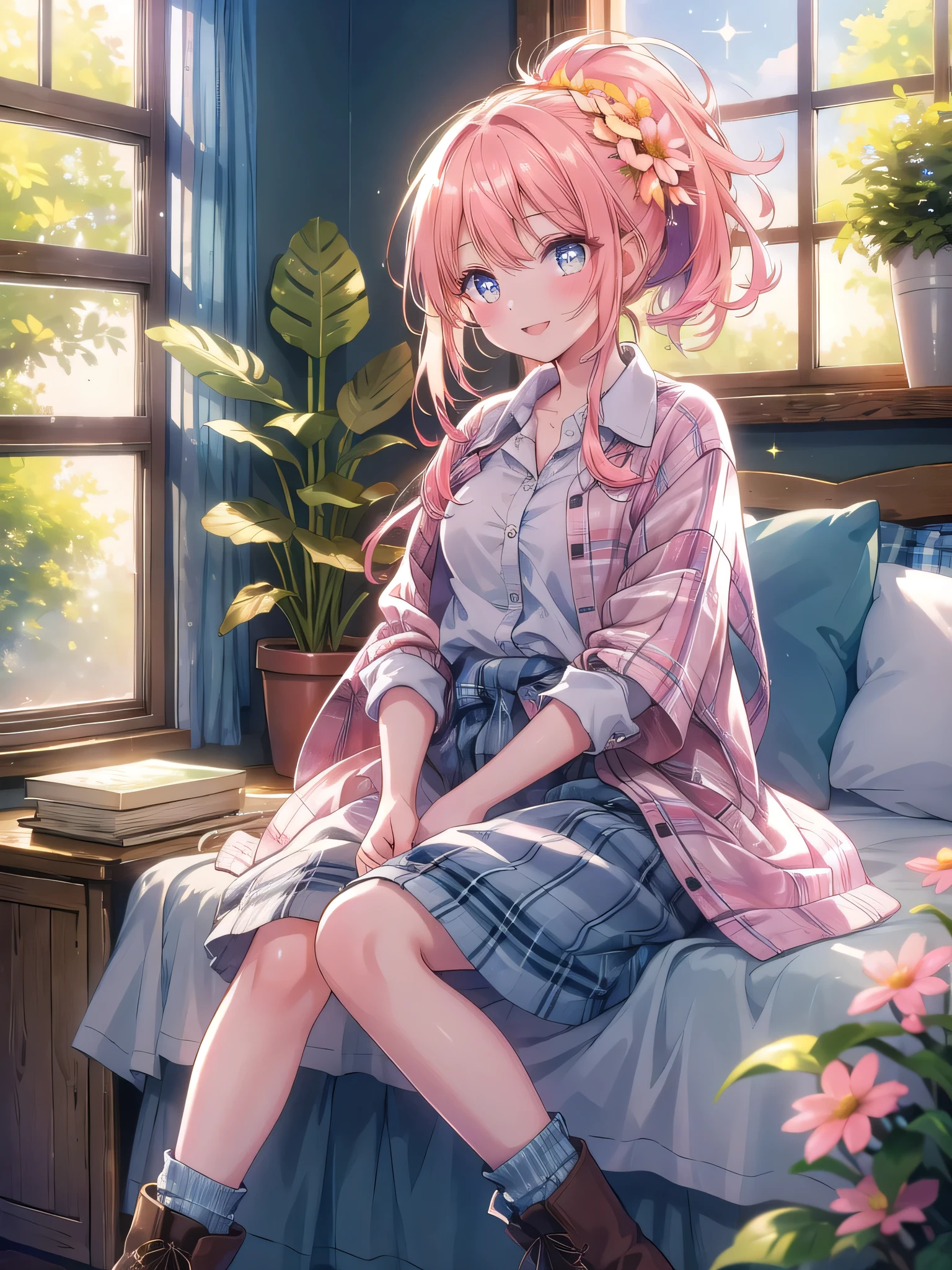 ((8k, Highest quality, masterpiece: 1.3)),Ultra-high resolution,(1 girl, alone), (Color changing eyes, Ultra-detailed, Expressive brilliance, Glitter, Glowing Eyes), Highly detailed eyes, Highly detailed face, Random Hair, ((pastel colour)),A cheerful young woman with pastel peach-colored hair styled into a simple ponytail, sitting on her bed in her sunlit bedroom during a bright morning. She is dressed in a cute yet subtly sexy farm girl cosplay, wearing a plaid button-up shirt tied at the waist, denim shorts, and a pair of ankle boots. The camera captures her from a slightly low angle as she smiles warmly, holding a small basket of flowers in her lap, her expression full of simple joy and contentment. The room is bathed in natural sunlight, with a few potted plants on the windowsill, a rustic quilt on the bed, and a peaceful, countryside atmosphere.