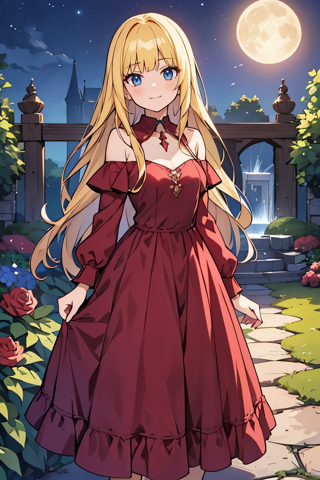 fairy_tail_style, solo, 1 girl, cowboy shot, (young female body:1.4), (medium small breasts), disheveled hair, golden yellow wavy hair, extra long hair, blunt bangs, crystal blue eyes, very detailed blue eyes, mansion garden, standing on a cobble pathway, a moonlit garden with a fountain, rose bushes, night time, elegant maroon red dress, maxi length red dress, long sleeves, form fitting dark red dress, chic evening dress, party dress, cowboy shot, flower in hair, off shoulder long sleeves, off shoulder, exposed collar bones