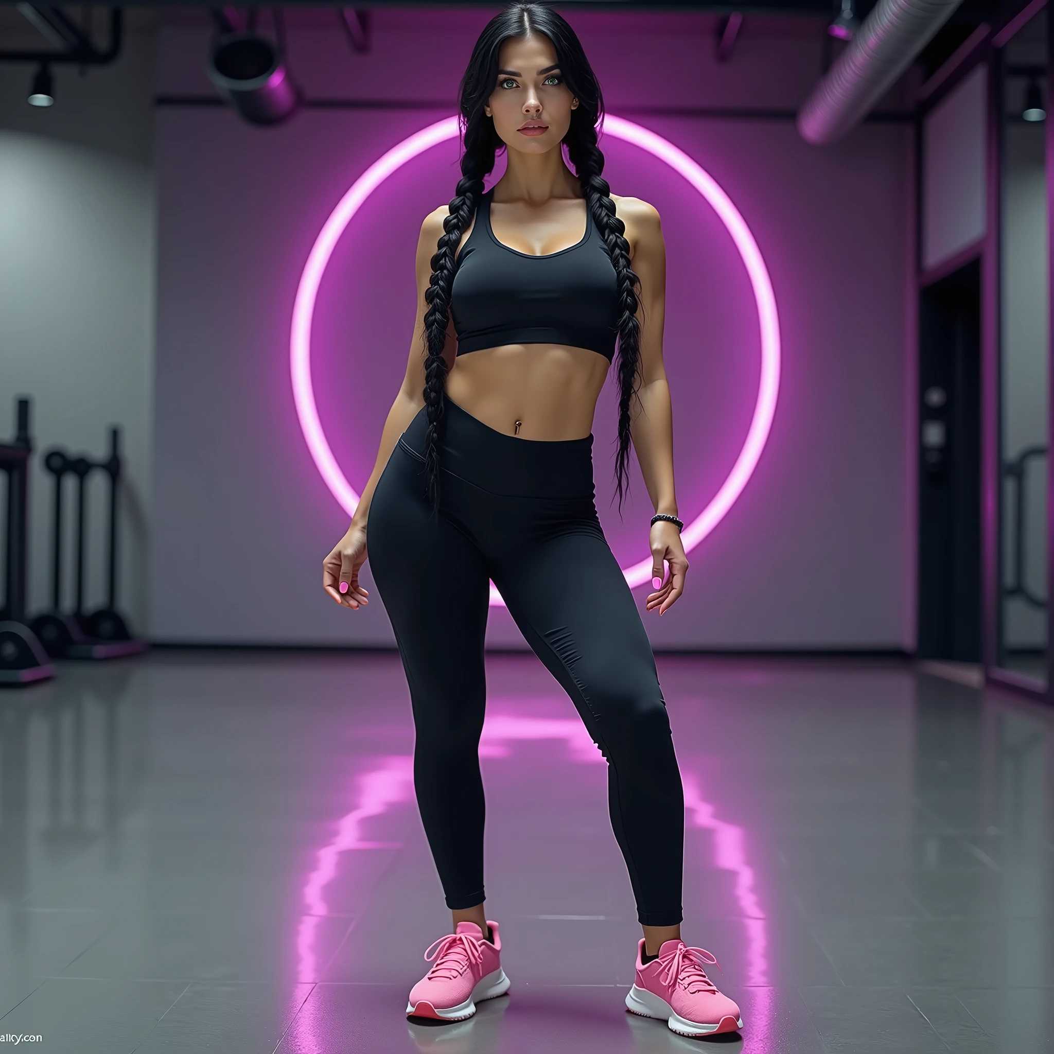 Black-haired russian woman . Sexy woman in sports sexy clothes, sports top, sports leggings. Large breasts, curvy medium shapes and bulging buttocks, 20% body fat,3 breast size. Several views from the front and back. She is wearing sneakers. Two long braids. Emerald green eyes. The photo is taken from the front, the model is standing in front half-turned, pink sneakers, High resolution image. Realistic image, empty hall on the floor gray parquet on the right of the mirror in the floor and in the background a neon PURPLEring, full-length image, super detailed skin. (((best quality))), nsfw --style reality --no nsfw --ar 3:2 -imagine -