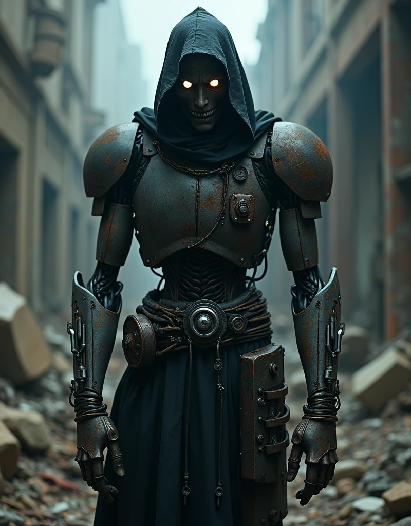 Portrait, gothic style photo, mechanical cyborg, cyborg, black hood, rusty mechanical body, huge robotic hands, standing on rubble, looking at viewer, darkness, dim light