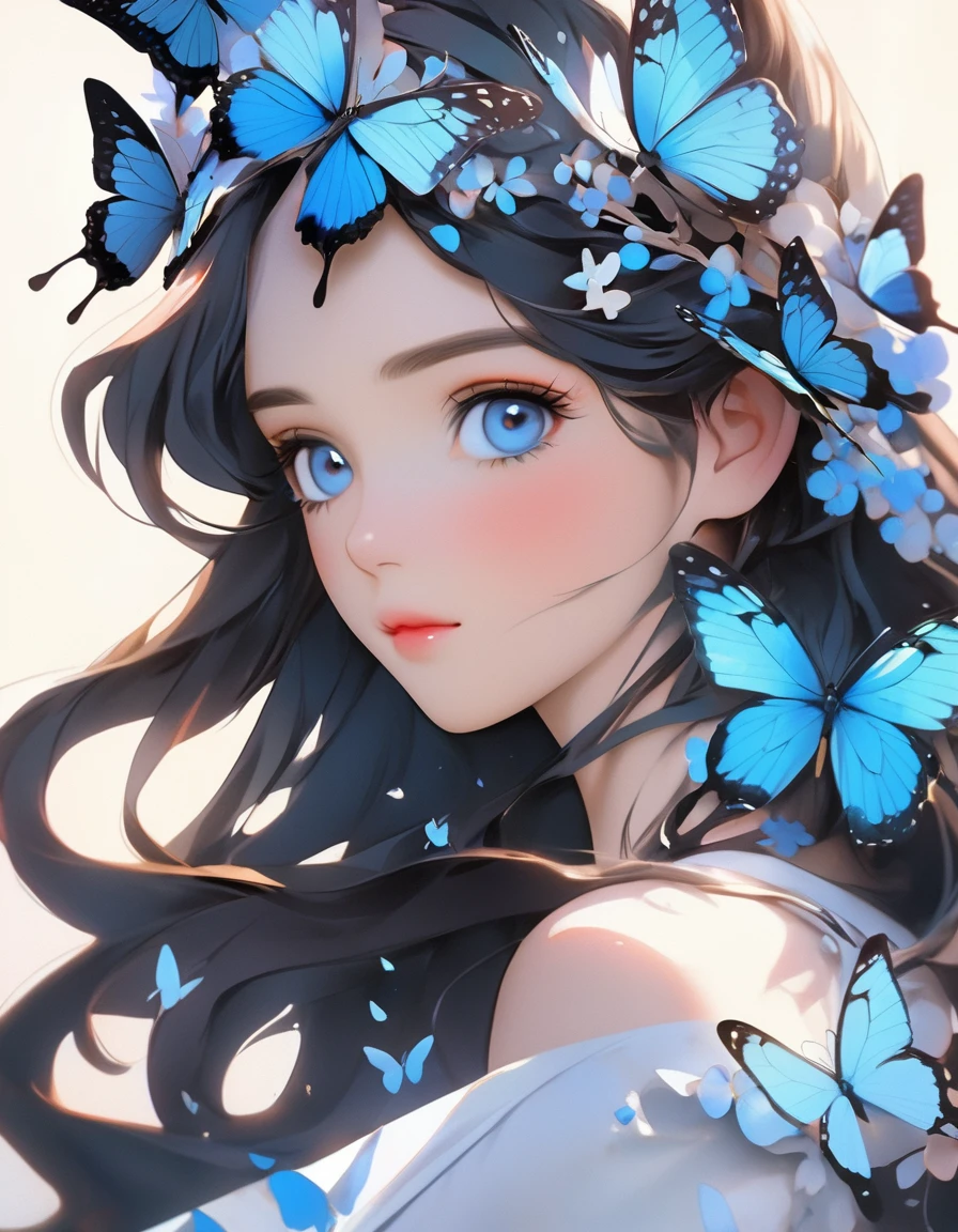 a close up of a person with a butterfly on her head, pinterest anime, butterfly, beautiful anime portrait, stunning anime face portrait, aesthetic cute with flutter, anime picture, digital anime art, detailed anime soft face, beautiful anime art, anime arts, harmony of butterfly, beautiful anime style, cgsociety 9, blue eye. anime, half-woman half-butterfly