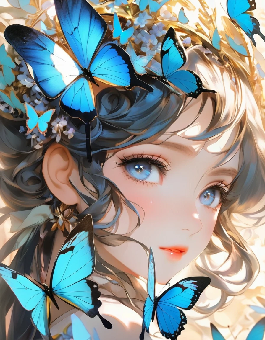 a close up of a person with a butterfly on her head, pinterest anime, butterfly, beautiful anime portrait, stunning anime face portrait, aesthetic cute with flutter, anime picture, digital anime art, detailed anime soft face, beautiful anime art, anime arts, harmony of butterfly, beautiful anime style, cgsociety 9, blue eye. anime, half-woman half-butterfly
