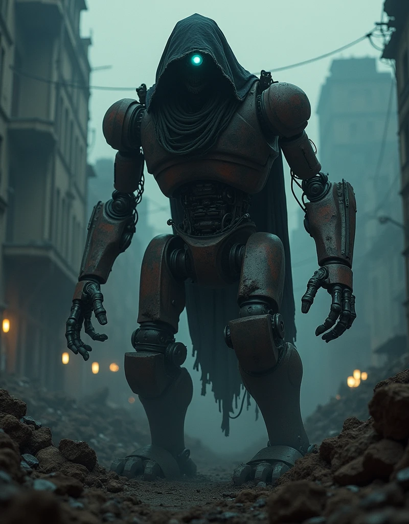  gothic style photo, mechanical cyborg, cyborg, black hood, rusty mechanical body, huge robotic hands, standing on rubble, looking at viewer, darkness, dim light