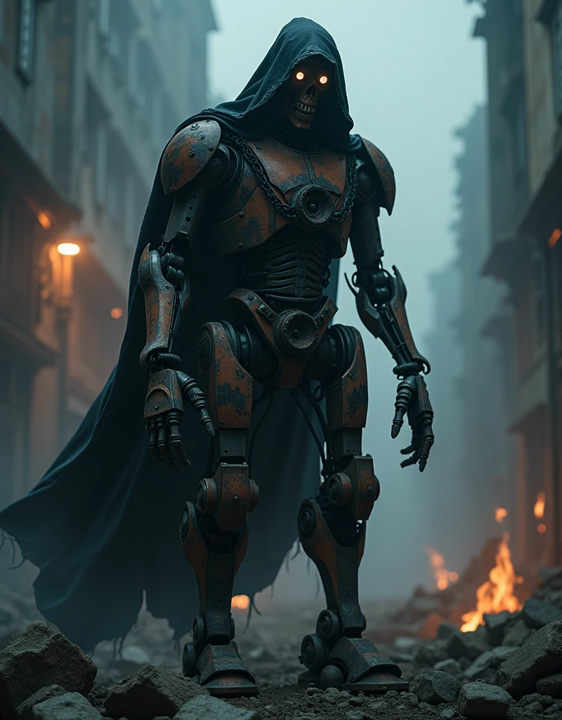  gothic style photo, mechanical cyborg, cyborg, black hood, rusty mechanical body, huge robotic hands, standing on rubble, looking at viewer, darkness, dim light