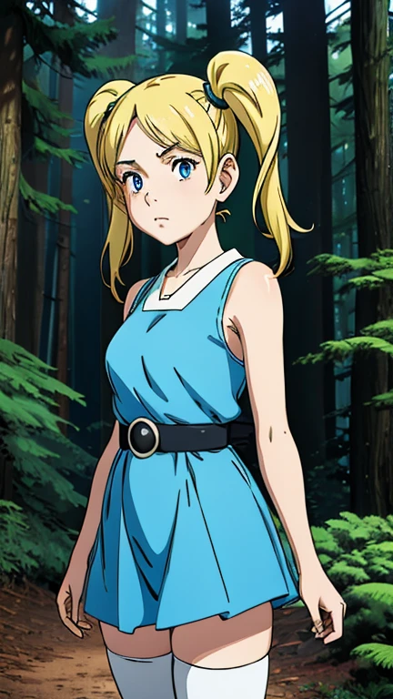 (Teens:1girl: bubbles), (extremely detailed CG unit 8k wallpaper),(master part), (best quality), (ultra detail), (best illustration),(GHIBLI_Background), cowboy shot, (Sharp eyeliner, ombre, detailed eyes:1), forest, outdoor, ,break , (Pluto Anime Style), upper body, blonde hair, blue eyes, short twintails, pigtails, dress, sky-blue sleeveless dress, black belt, white thighhighs