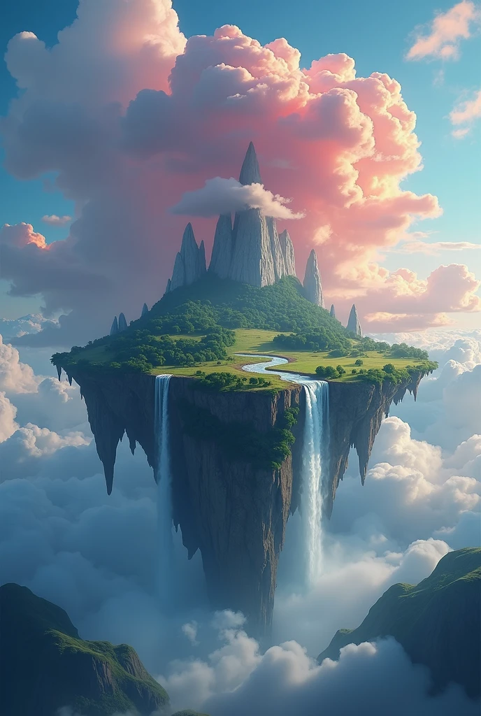 ((Wonderful landscape)),photograph,(unrealistic),((waterfall)),((High places)),Multicolored clouds,Floating Island